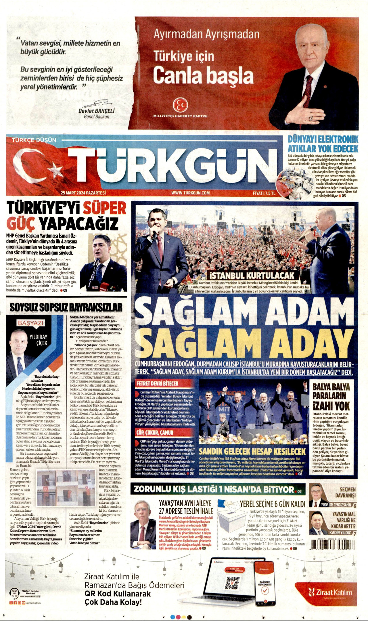 TÜRKGÜN gazetesinin 25 Mart 2024 tarihli birinci sayfası