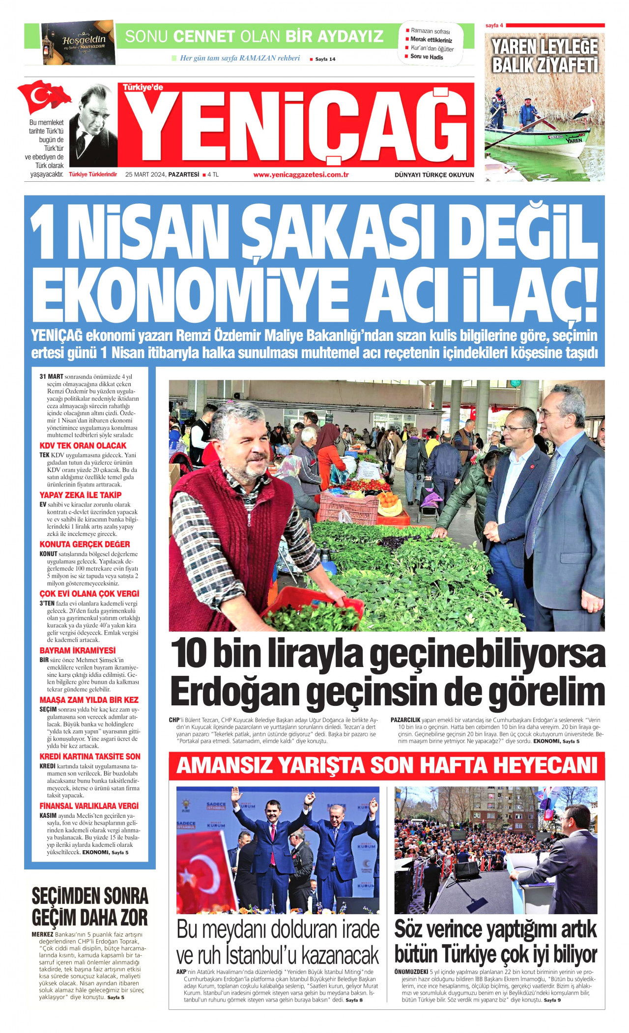 YENİÇAĞ gazetesinin 25 Mart 2024 tarihli birinci sayfası