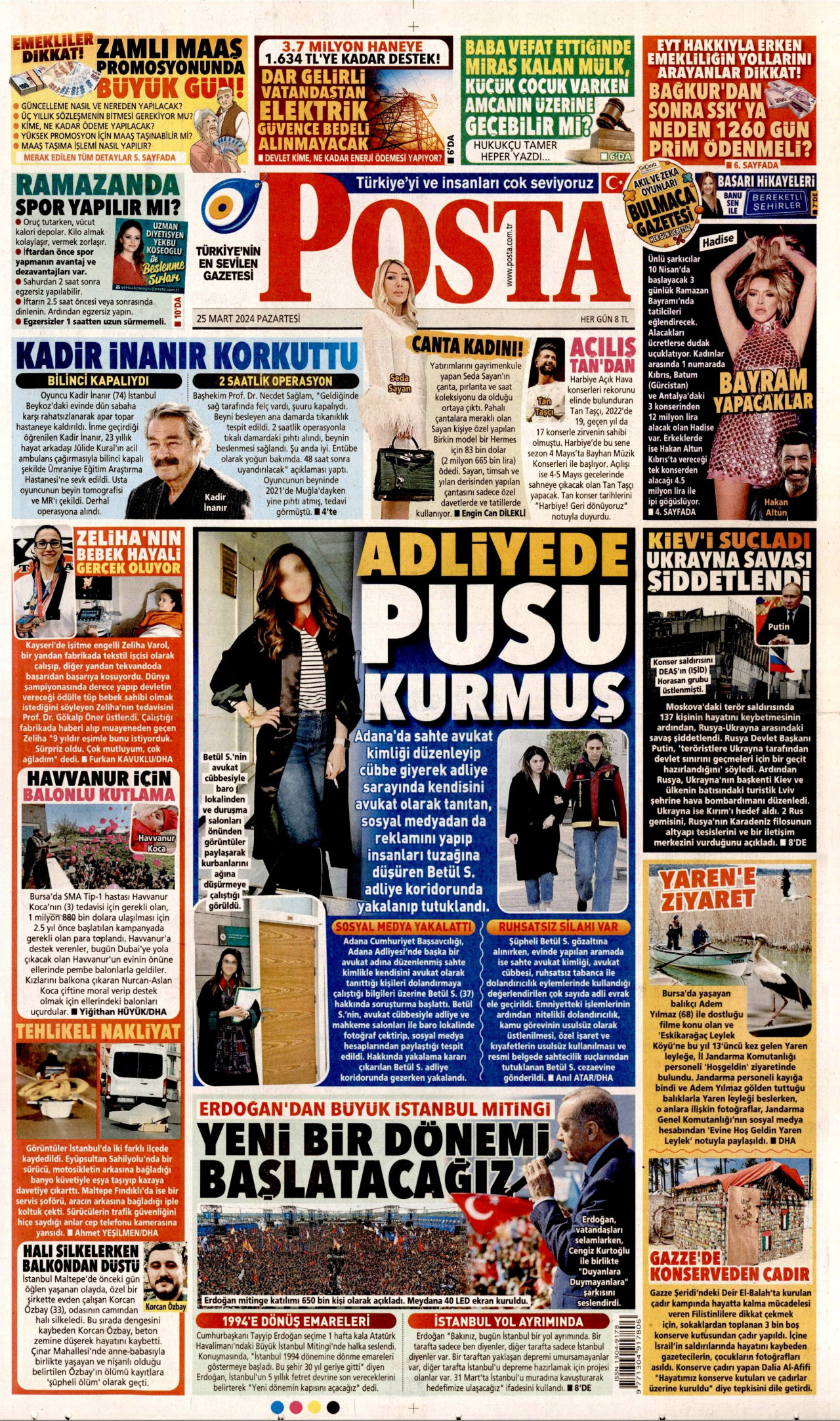 POSTA gazetesinin 25 Mart 2024 tarihli birinci sayfası