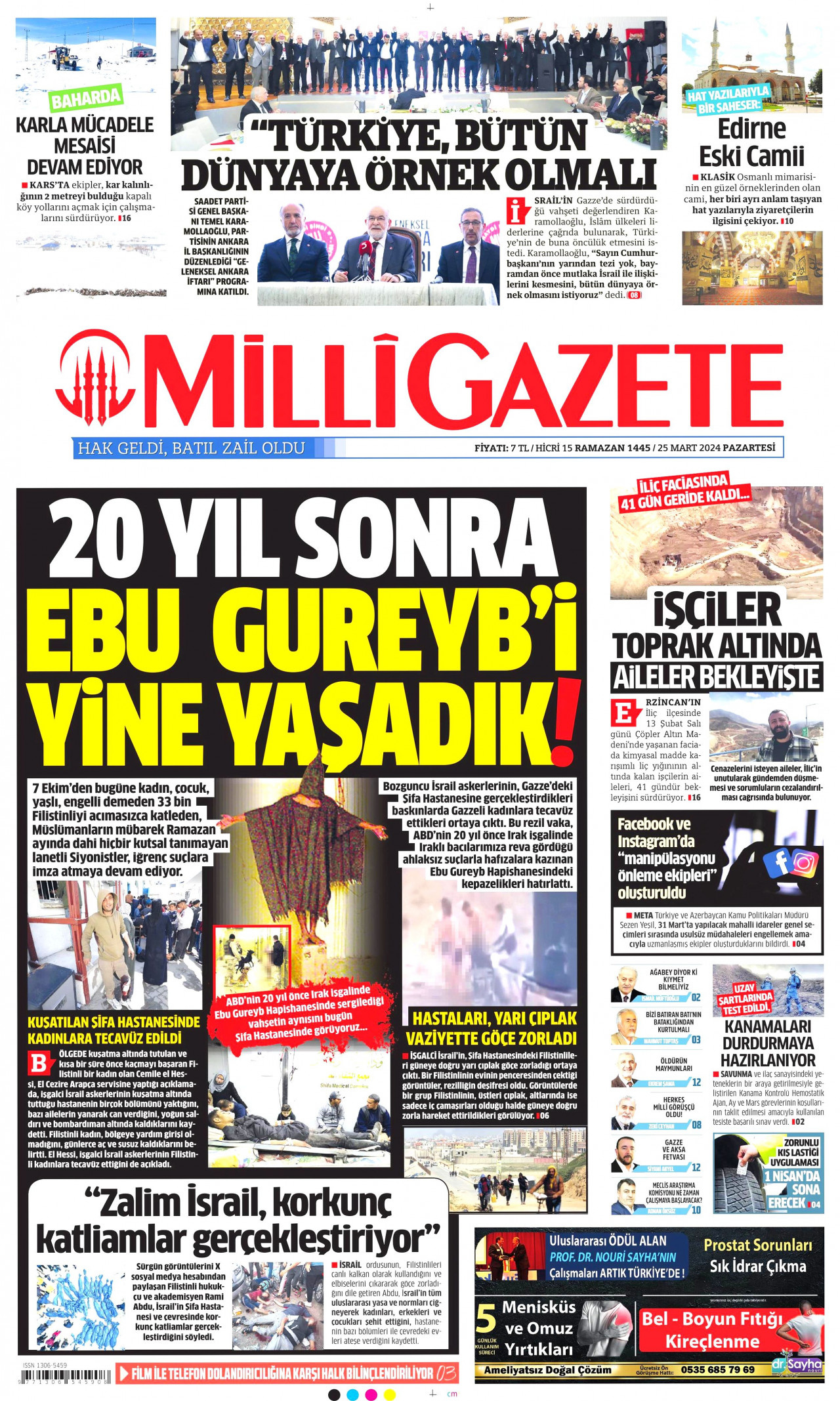 MİLLİ GAZETE gazetesinin 25 Mart 2024 tarihli birinci sayfası