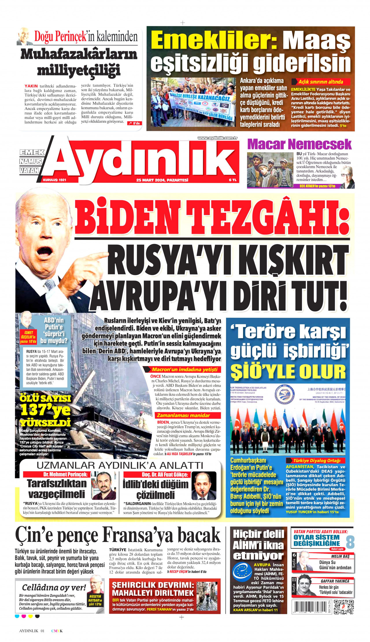 AYDINLIK GAZETESİ gazetesinin 25 Mart 2024 tarihli birinci sayfası