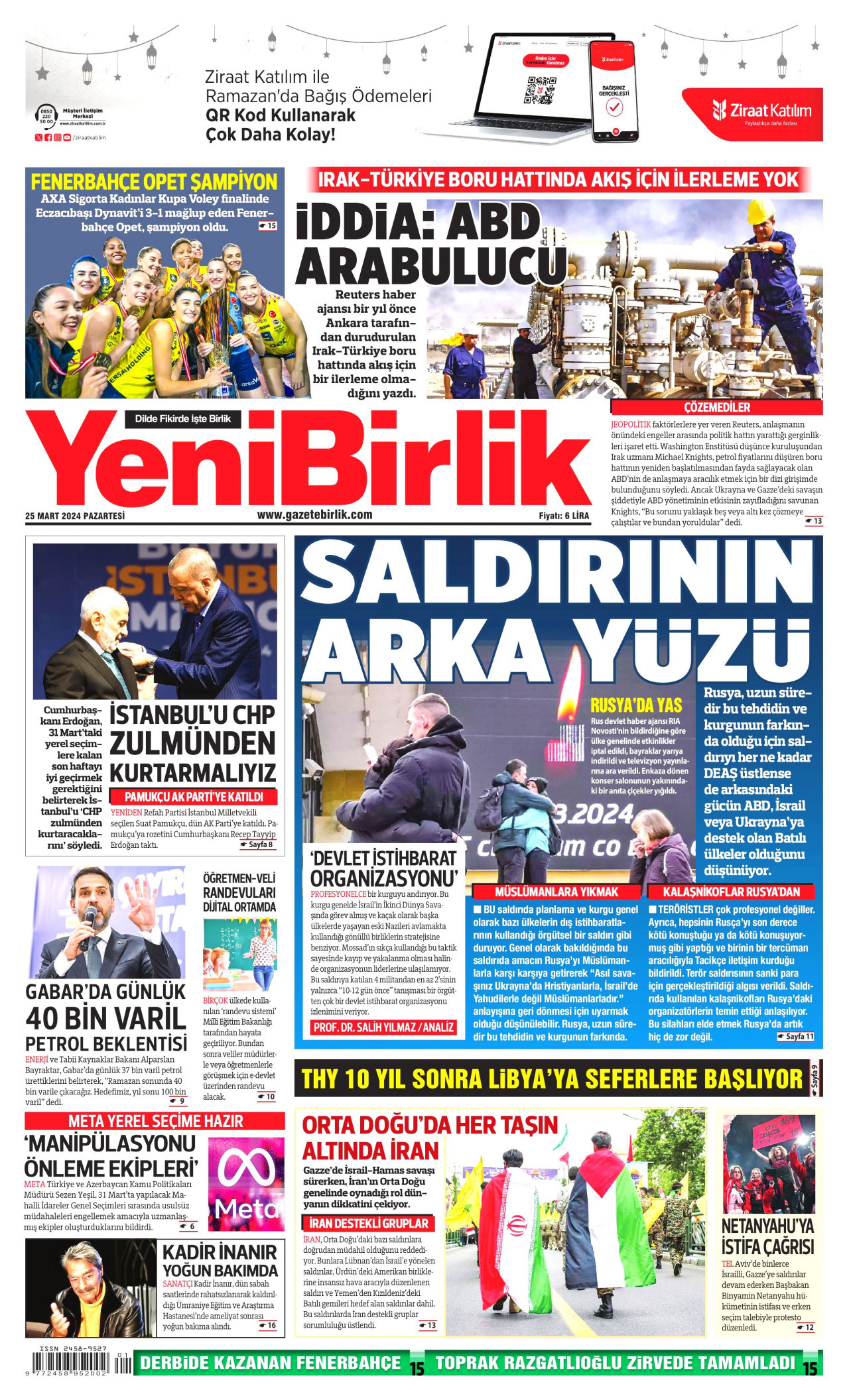 YENİBİRLİK gazetesinin 25 Mart 2024 tarihli birinci sayfası