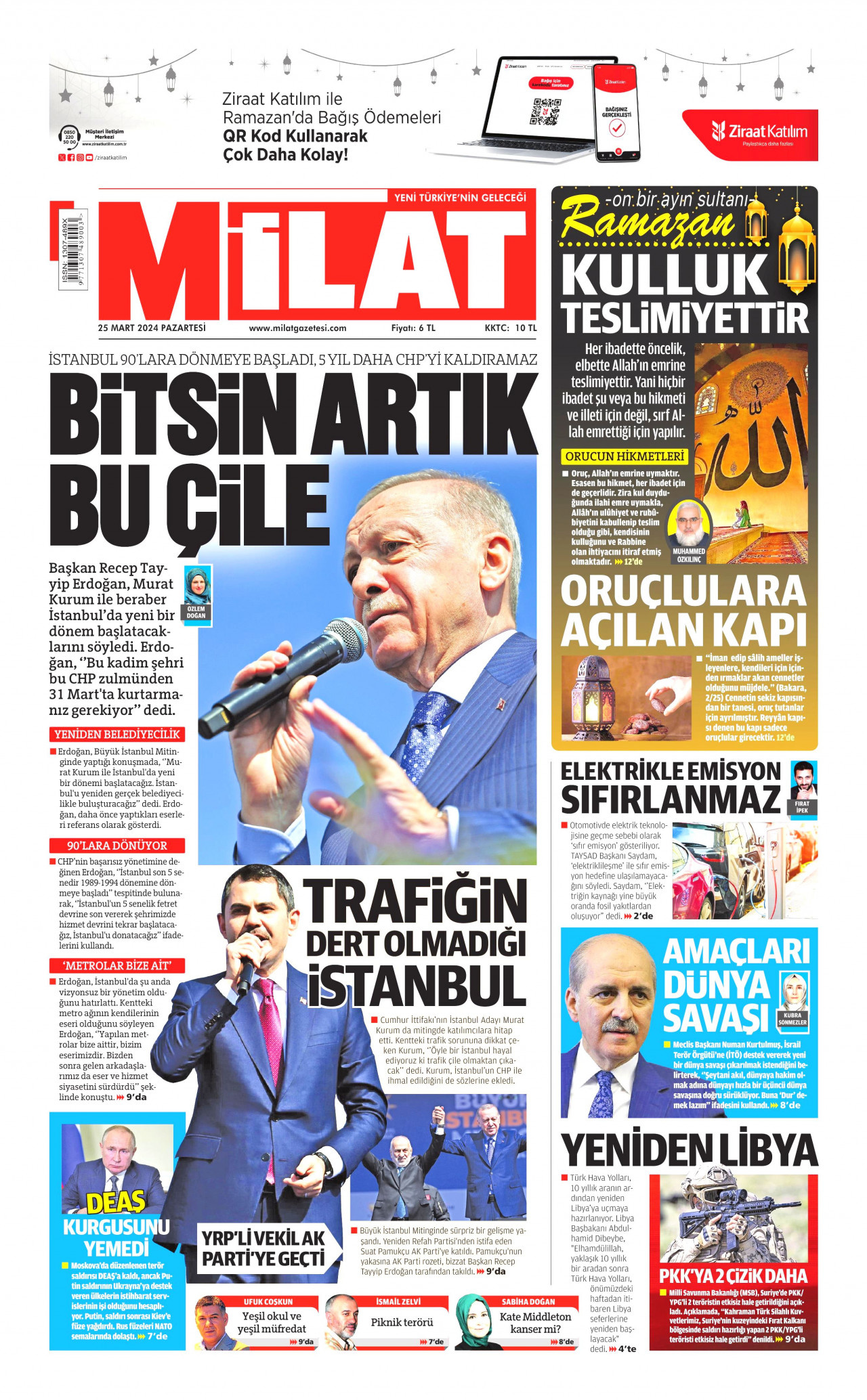 MİLAT gazetesinin 25 Mart 2024 tarihli birinci sayfası
