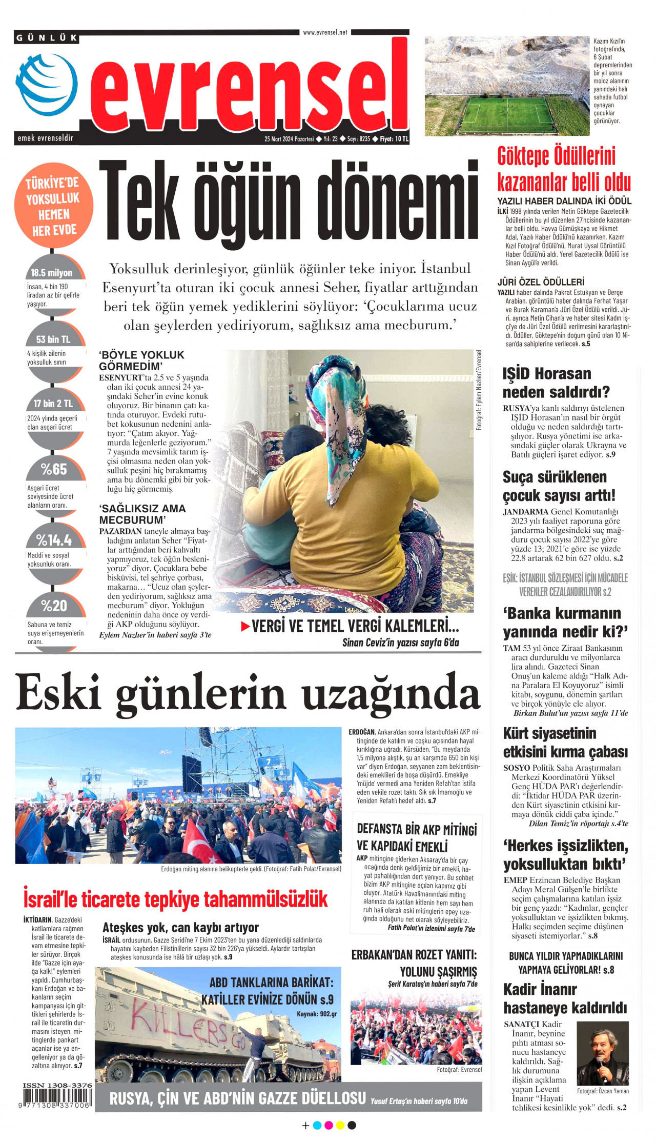 EVRENSEL gazetesinin 25 Mart 2024 tarihli birinci sayfası