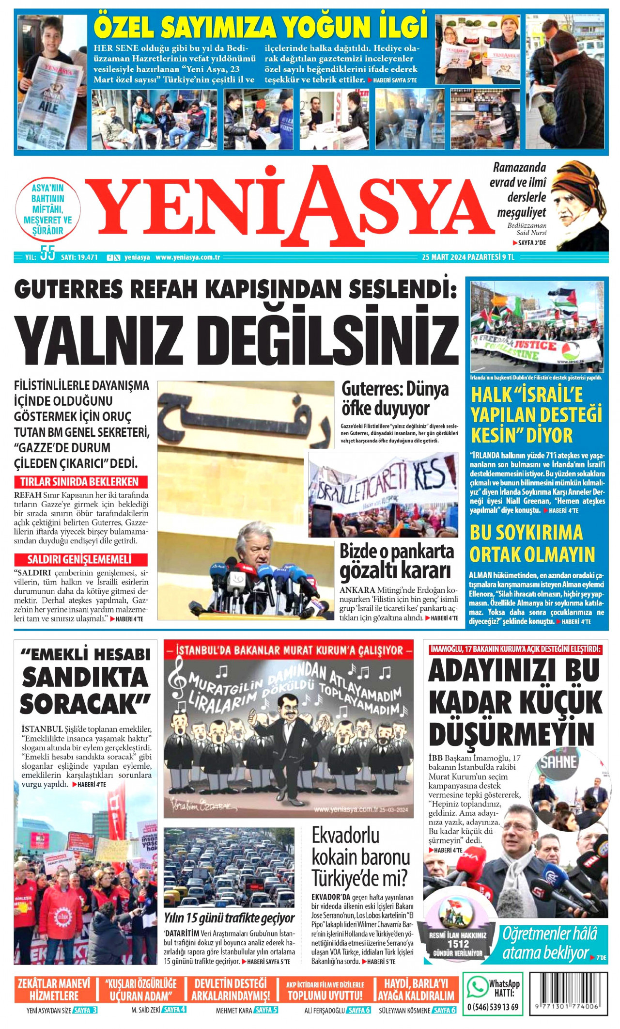 YENİ ASYA gazetesinin 25 Mart 2024 tarihli birinci sayfası
