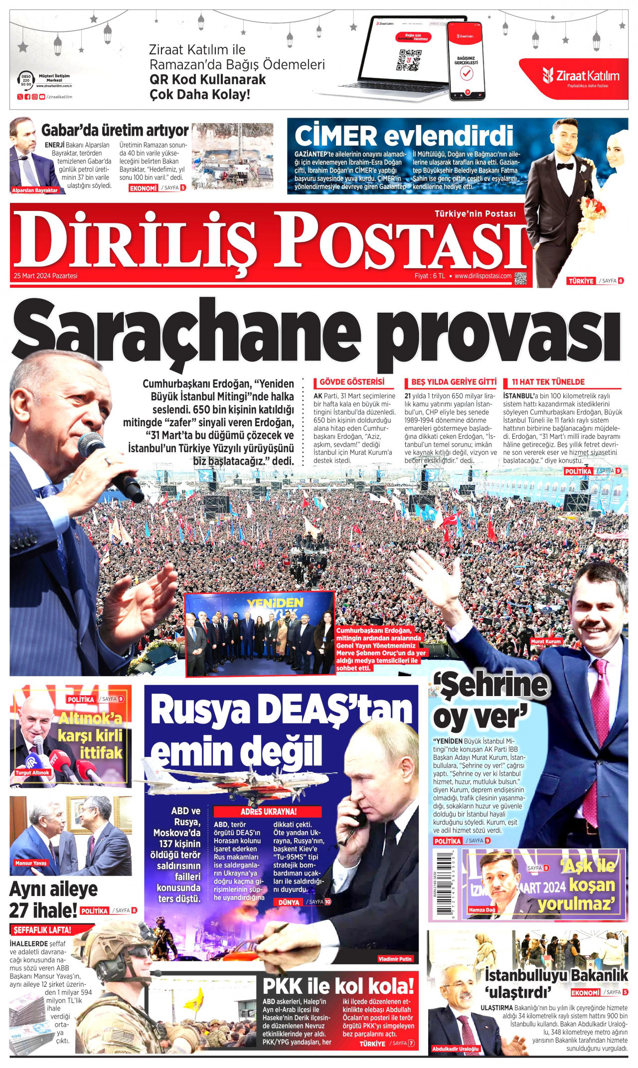 DİRİLİŞ POSTASI gazetesinin 25 Mart 2024 tarihli birinci sayfası