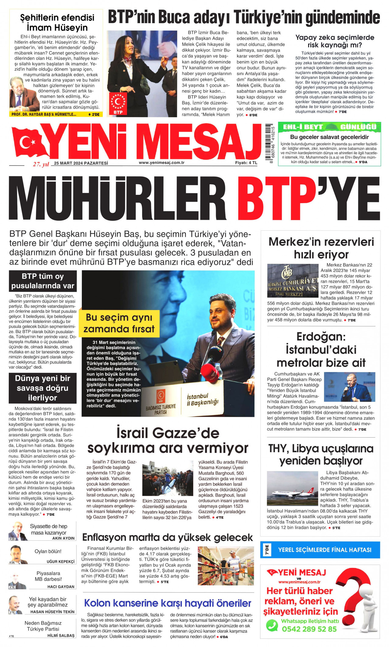 YENİ MESAJ gazetesinin 25 Mart 2024 tarihli birinci sayfası