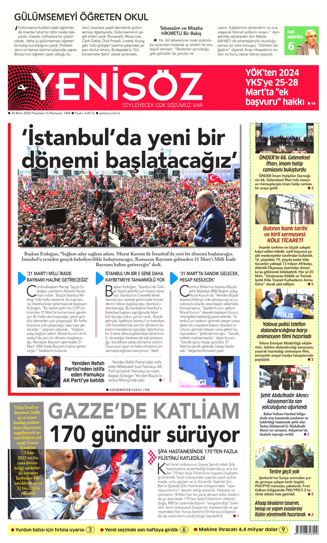 YENİ SÖZ GAZETESİ gazetesinin 25 Mart 2024 tarihli birinci sayfası