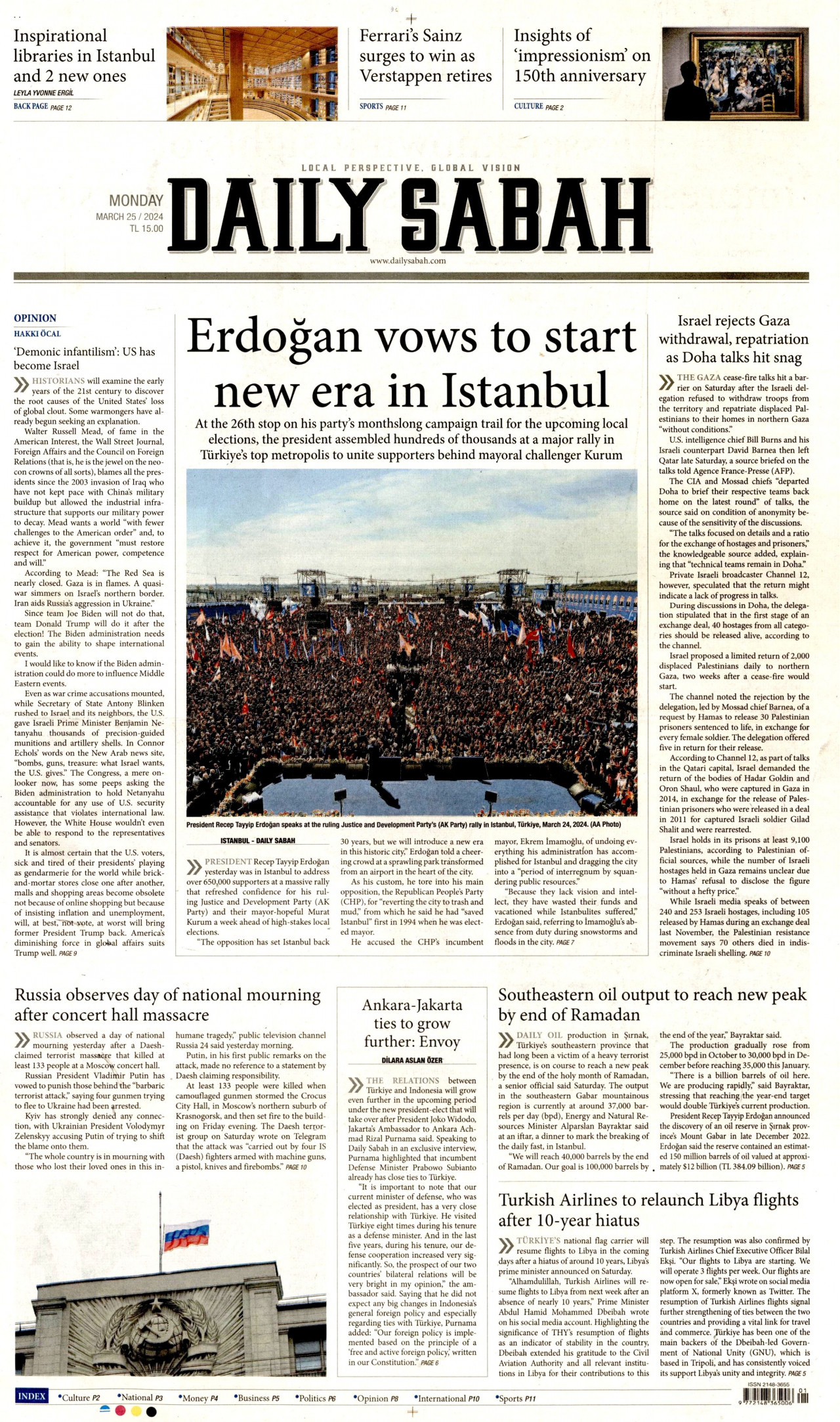 DAİLY SABAH gazetesinin 25 Mart 2024 tarihli birinci sayfası