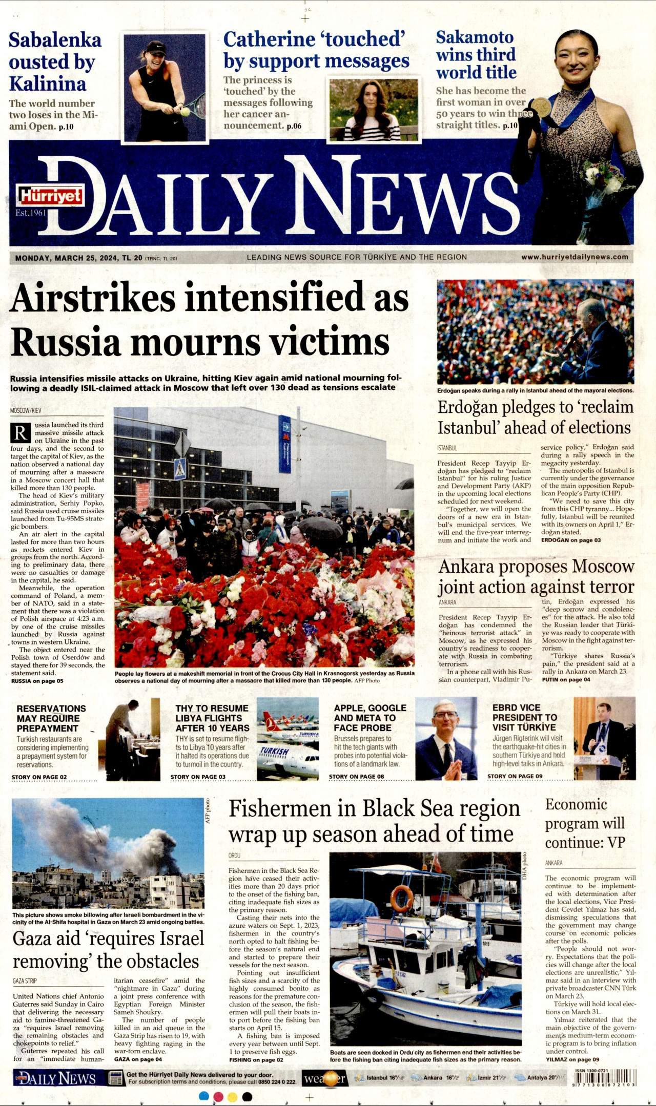 HÜRRİYET DAİLY NEWS gazetesinin 25 Mart 2024 tarihli birinci sayfası