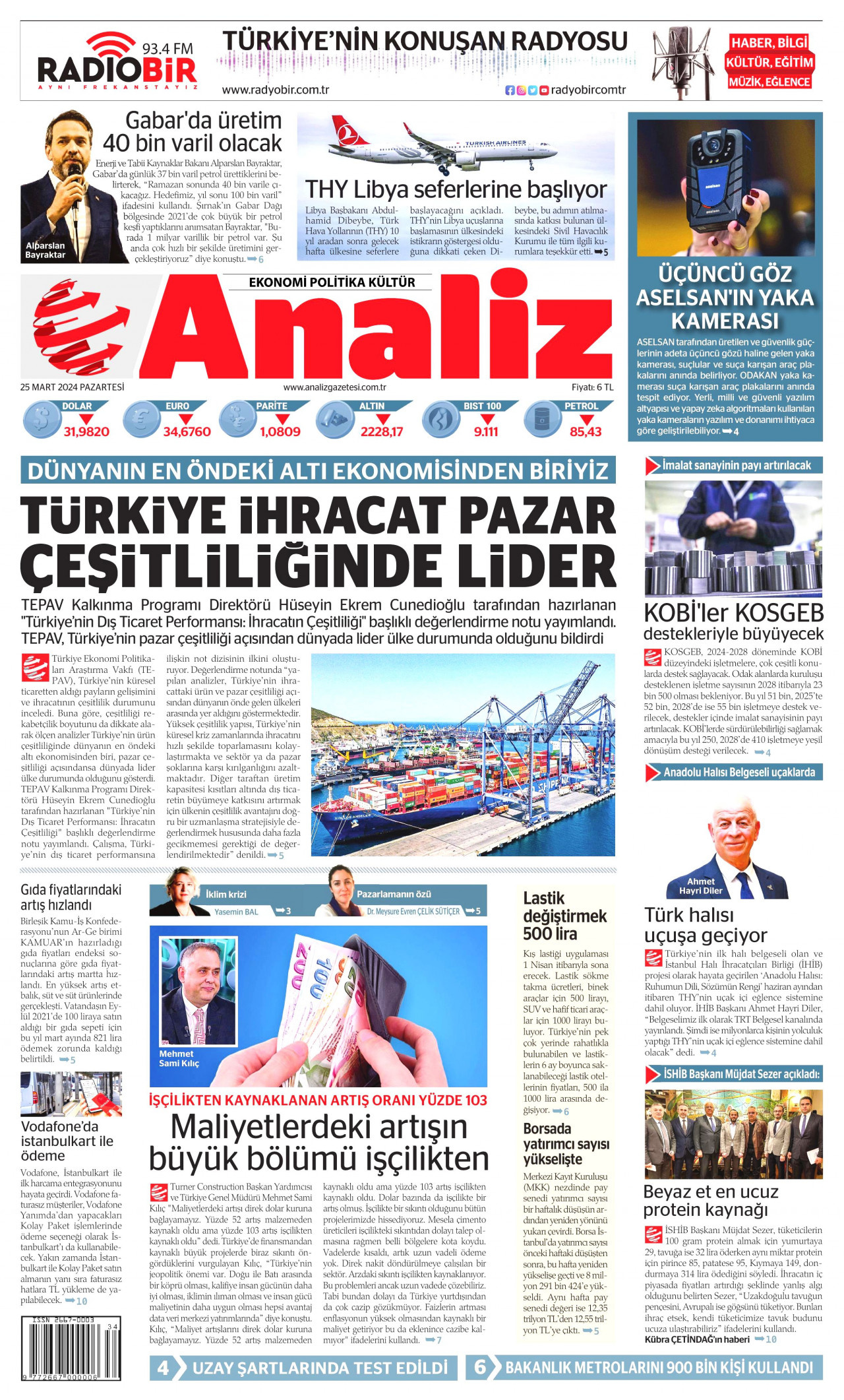 ANALİZ gazetesinin 25 Mart 2024 tarihli birinci sayfası