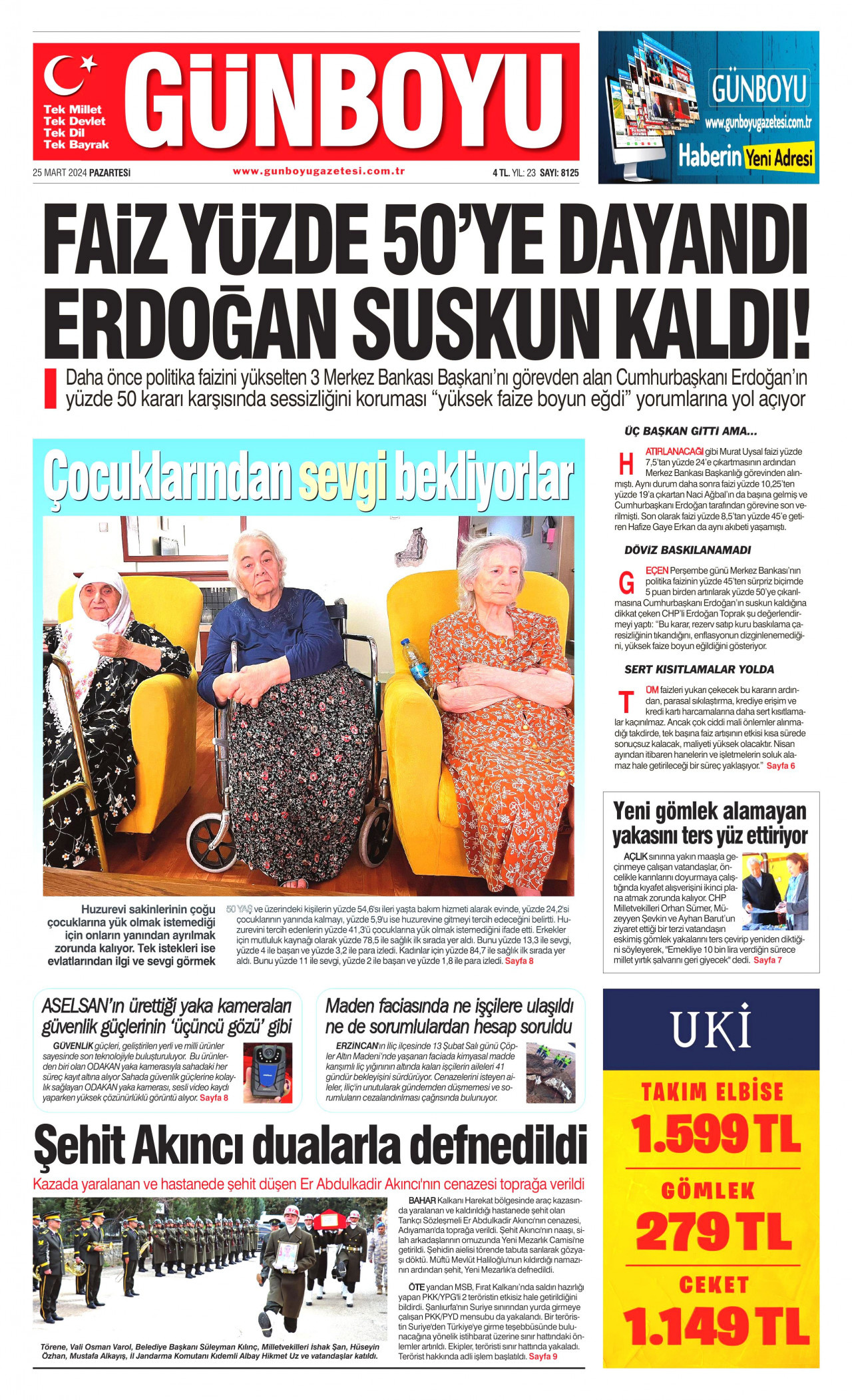 GÜNBOYU gazetesinin 25 Mart 2024 tarihli birinci sayfası
