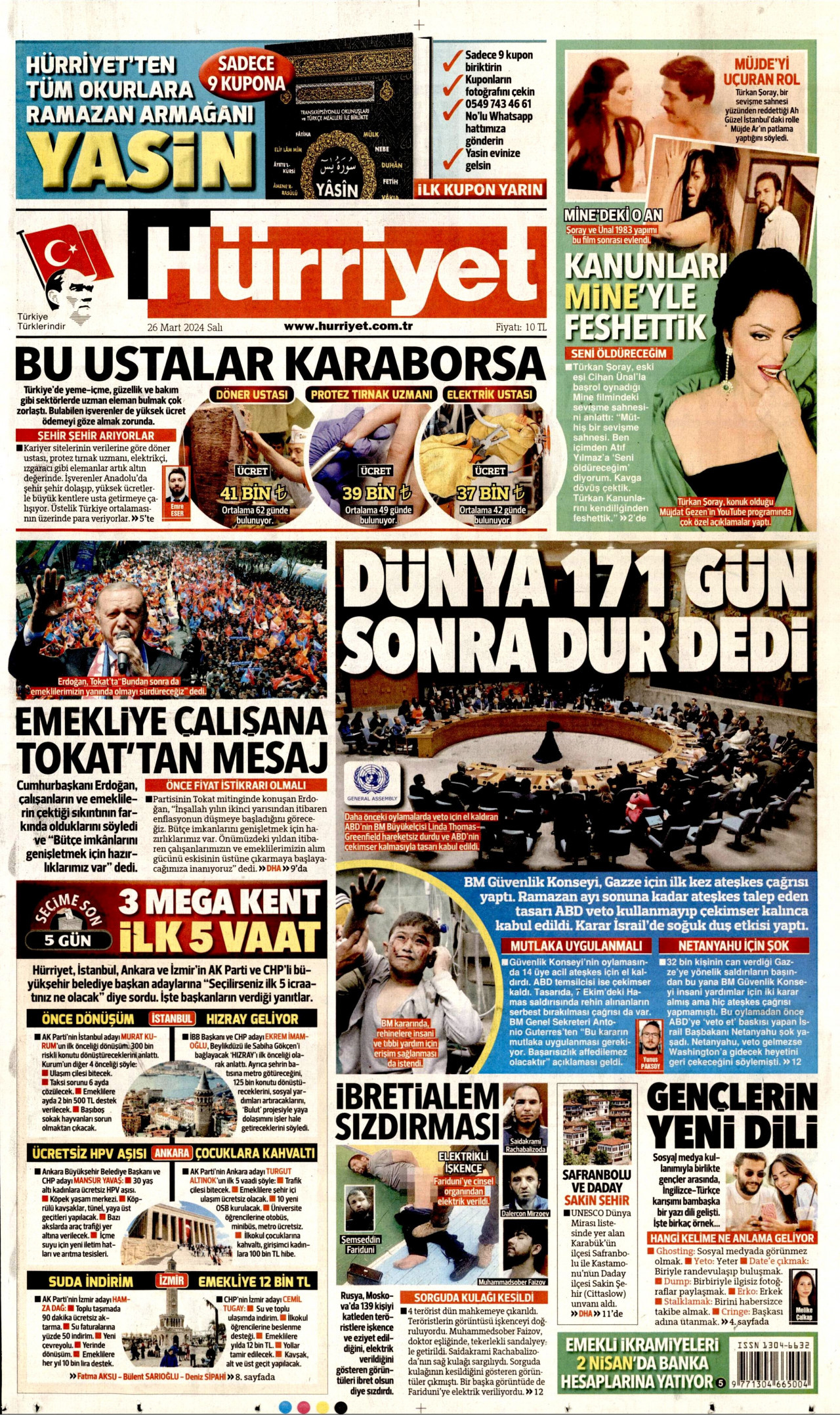 HÜRRİYET gazetesinin 26 Mart 2024 tarihli birinci sayfası