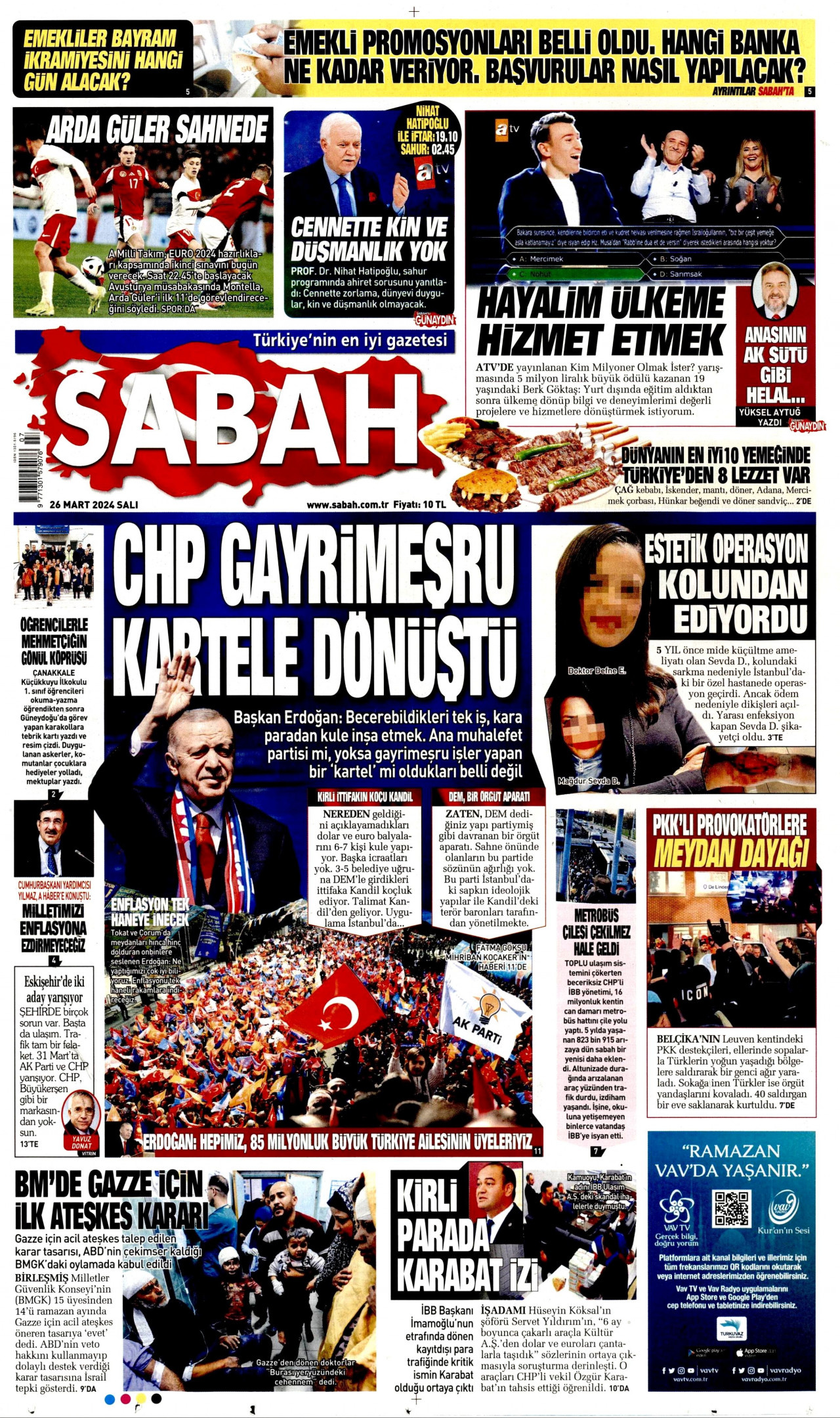 SABAH gazetesinin 26 Mart 2024 tarihli birinci sayfası