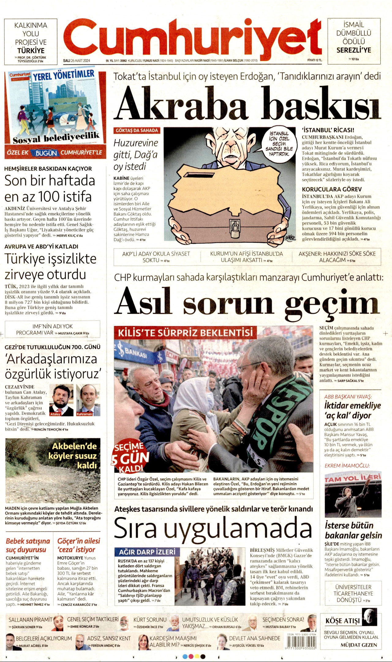CUMHURİYET gazetesinin 26 Mart 2024 tarihli birinci sayfası