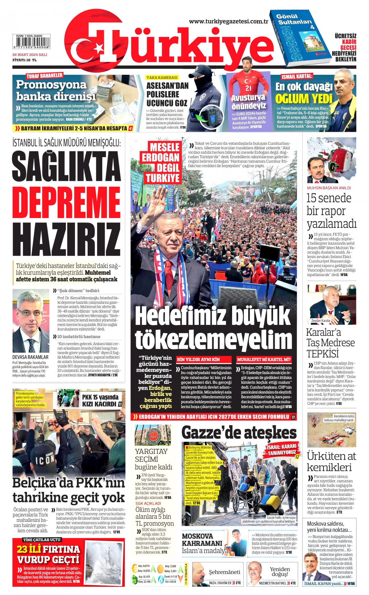 TÜRKİYE GAZETESİ gazetesinin 26 Mart 2024 tarihli birinci sayfası