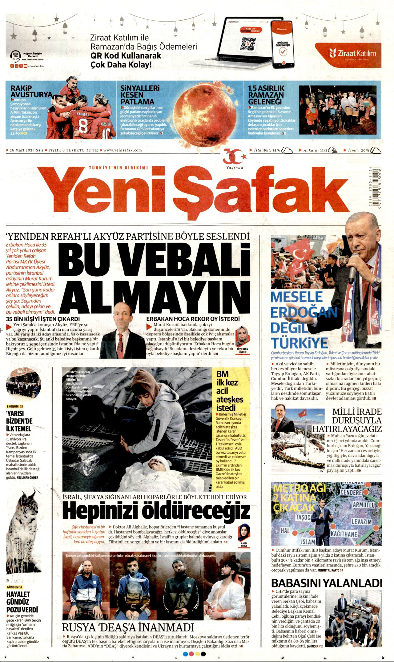 YENİ ŞAFAK gazetesinin 26 Mart 2024 tarihli birinci sayfası