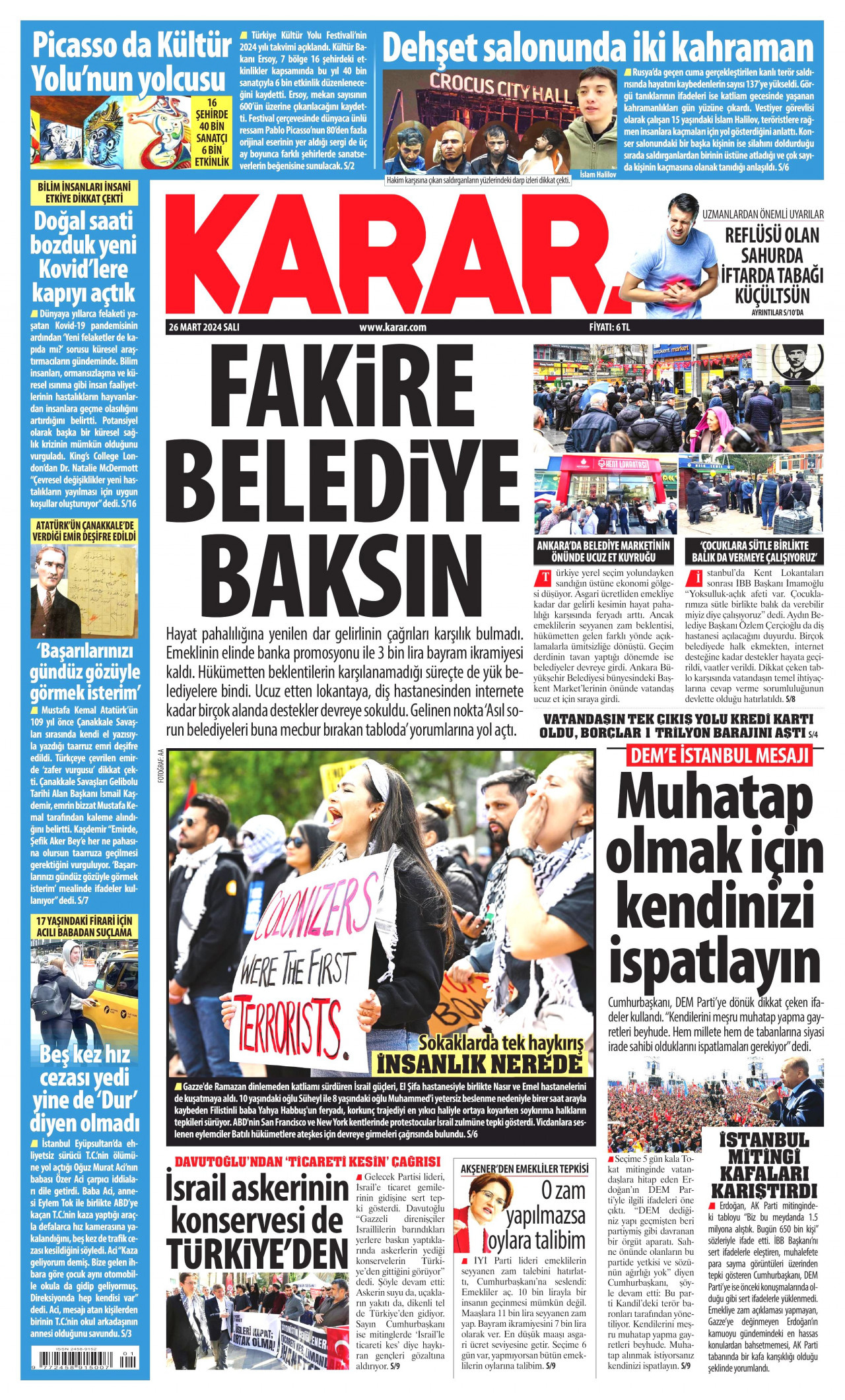 KARAR gazetesinin 26 Mart 2024 tarihli birinci sayfası