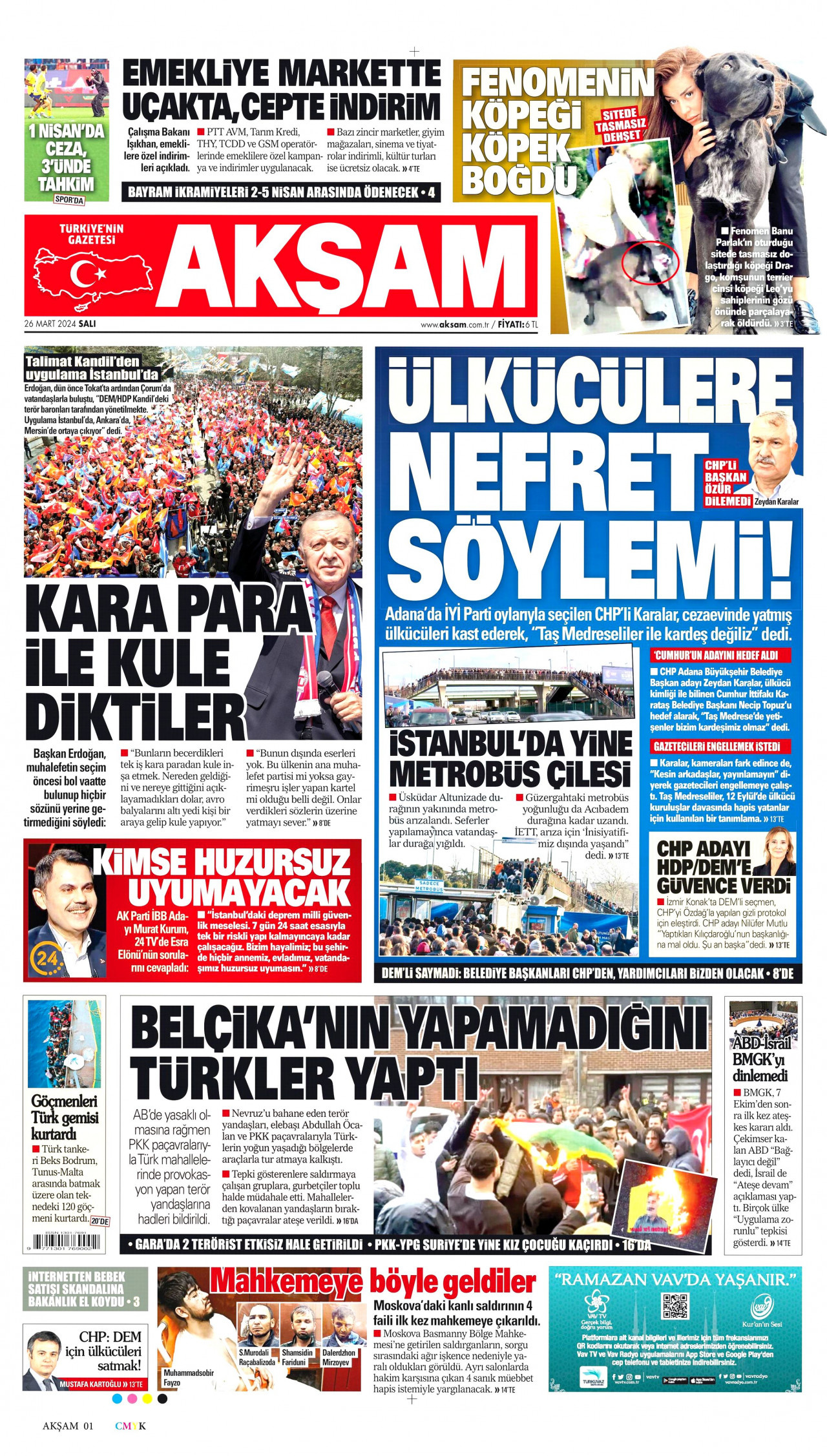 AKŞAM gazetesinin 26 Mart 2024 tarihli birinci sayfası