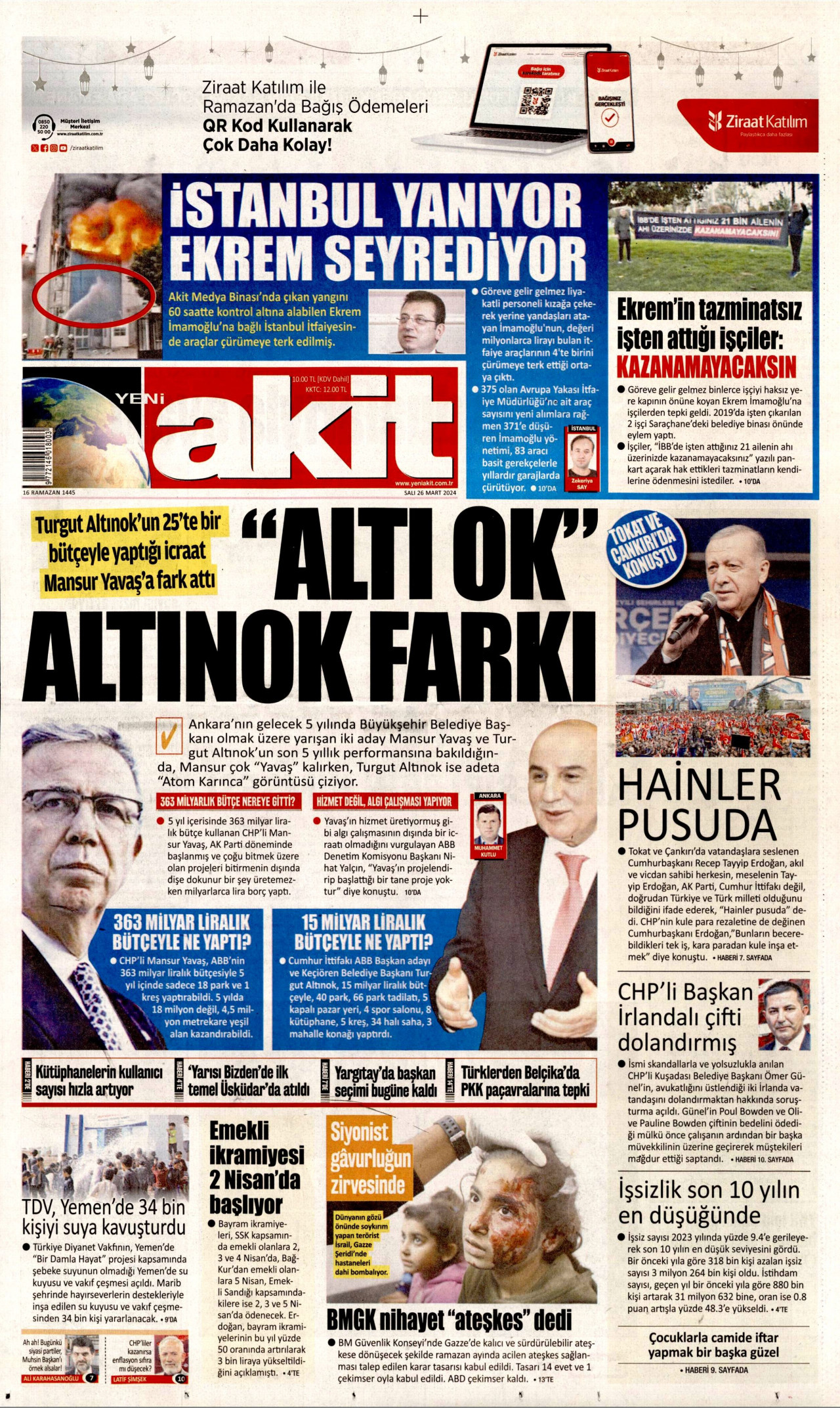 YENİ AKİT gazetesinin 26 Mart 2024 tarihli birinci sayfası