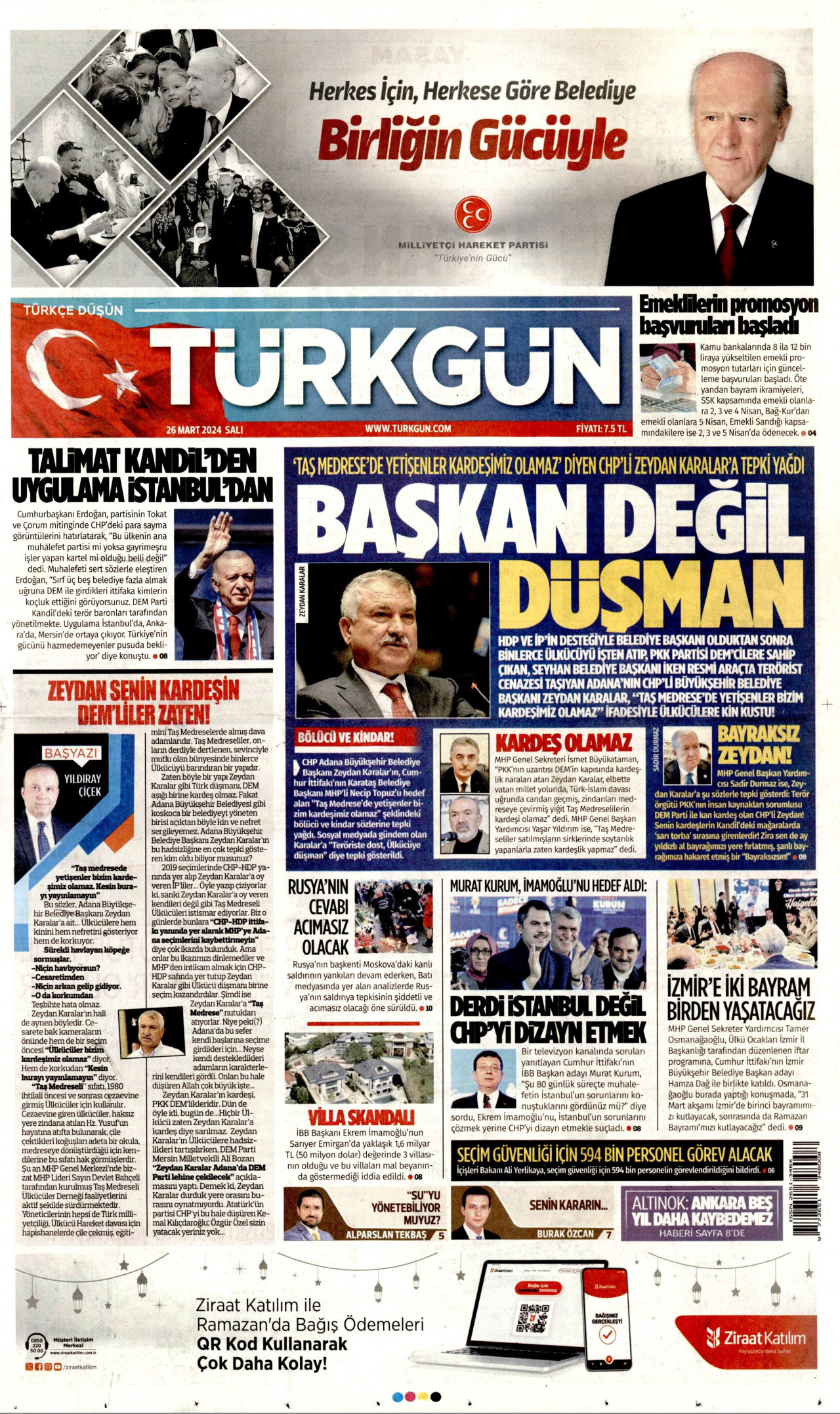 TÜRKGÜN gazetesinin 26 Mart 2024 tarihli birinci sayfası