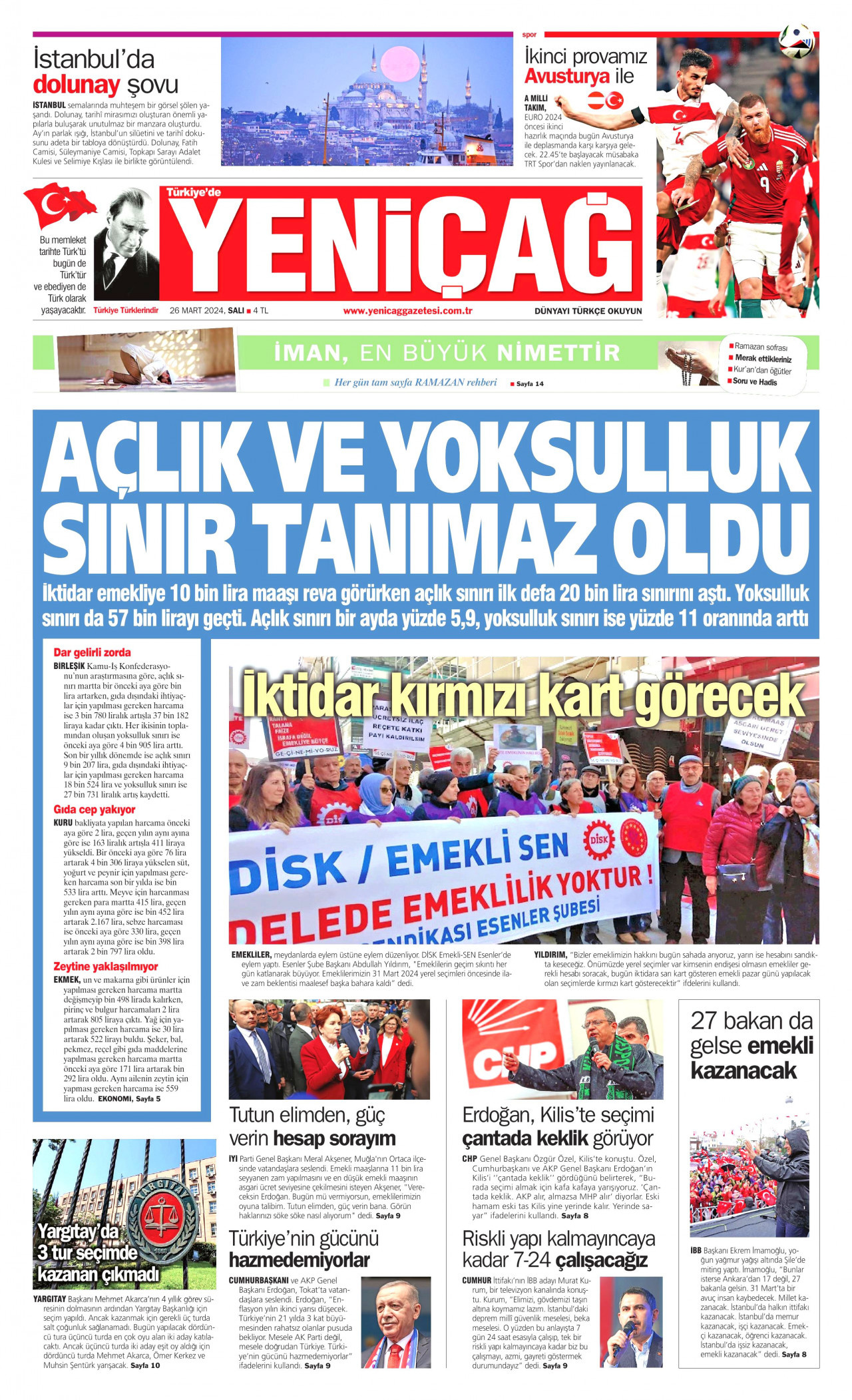 YENİÇAĞ gazetesinin 26 Mart 2024 tarihli birinci sayfası