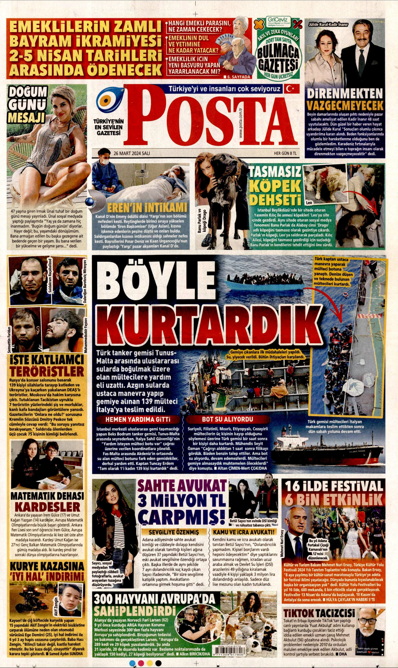 POSTA gazetesinin 26 Mart 2024 tarihli birinci sayfası