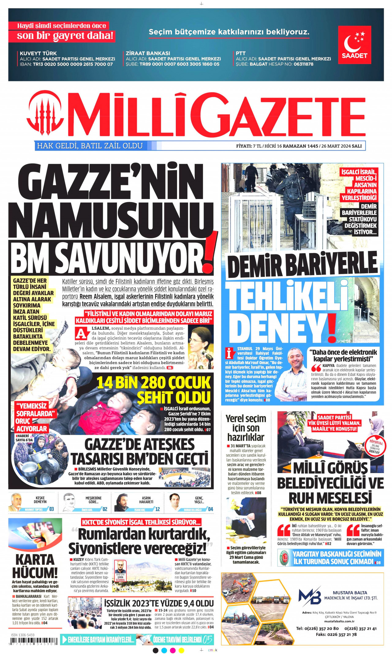 MİLLİ GAZETE gazetesinin 26 Mart 2024 tarihli birinci sayfası