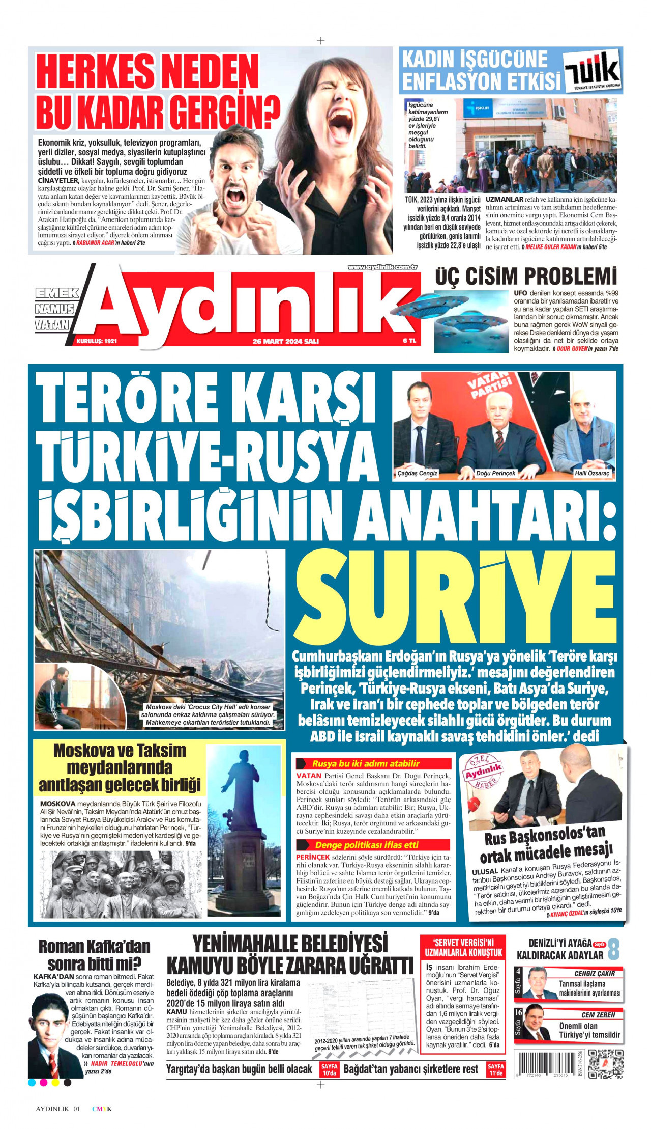 AYDINLIK GAZETESİ gazetesinin 26 Mart 2024 tarihli birinci sayfası