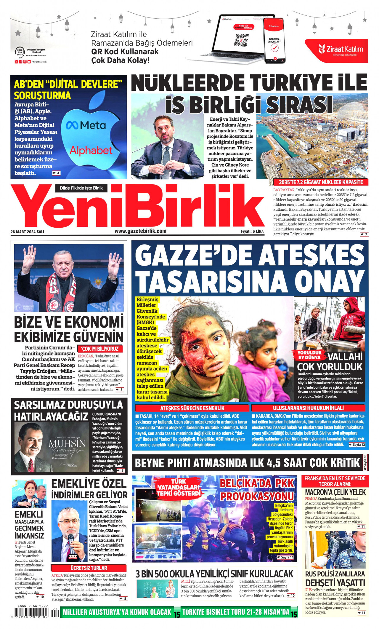 YENİBİRLİK gazetesinin 26 Mart 2024 tarihli birinci sayfası