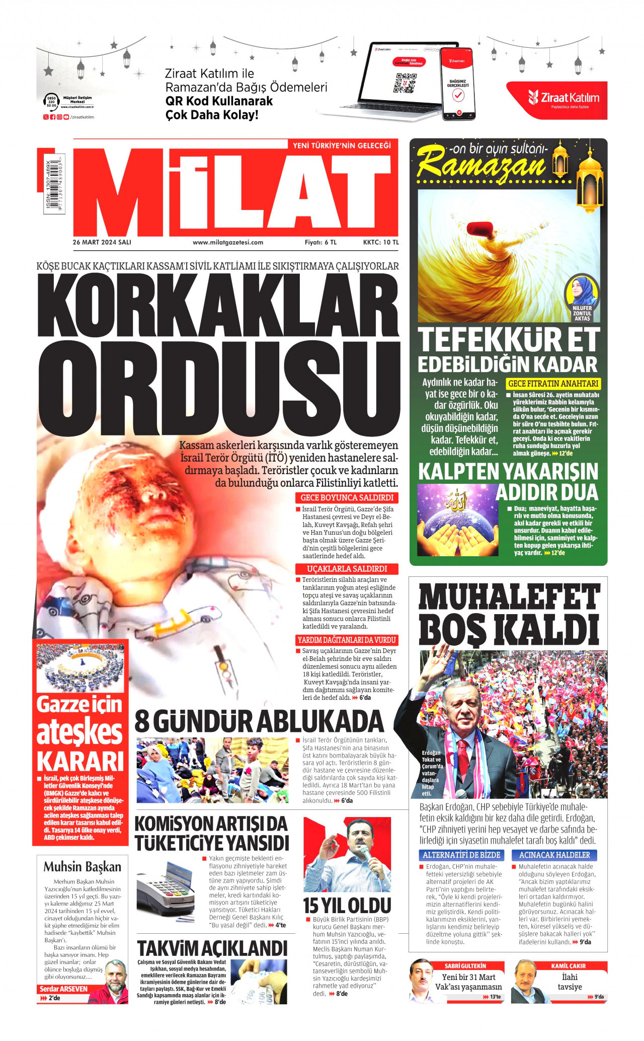 MİLAT gazetesinin 26 Mart 2024 tarihli birinci sayfası