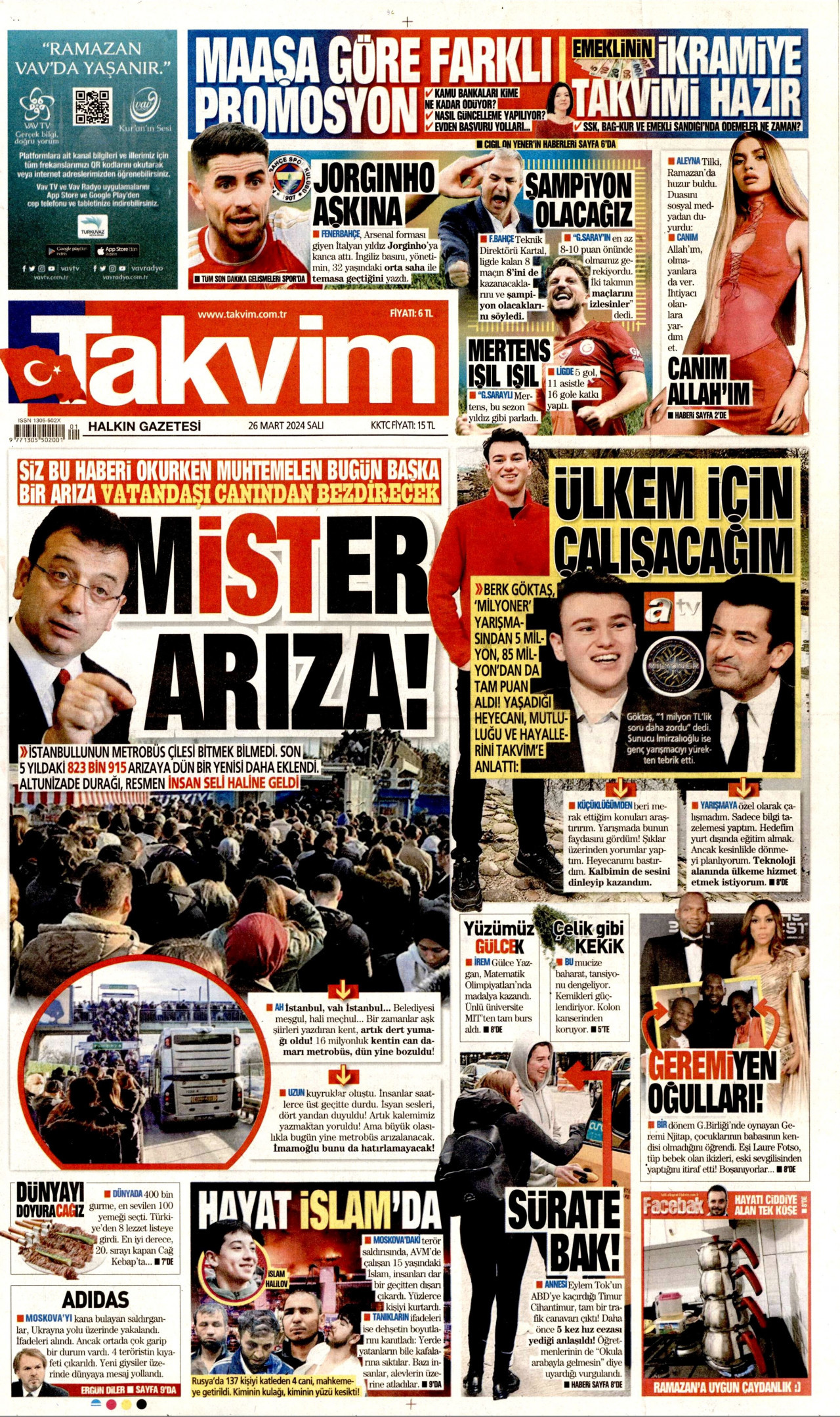 TAKVİM gazetesinin 26 Mart 2024 tarihli birinci sayfası