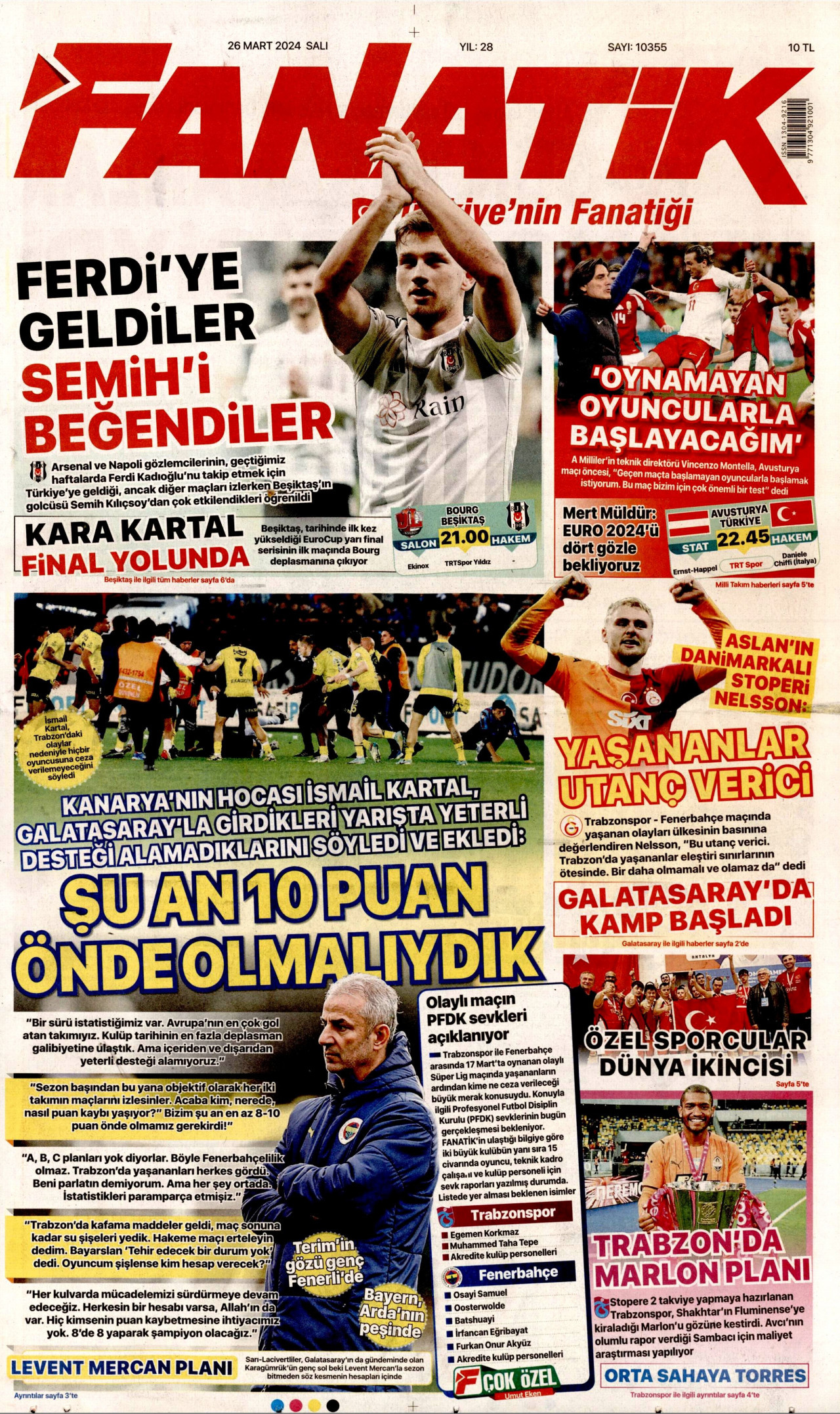 FANATİK gazetesinin 26 Mart 2024 tarihli birinci sayfası