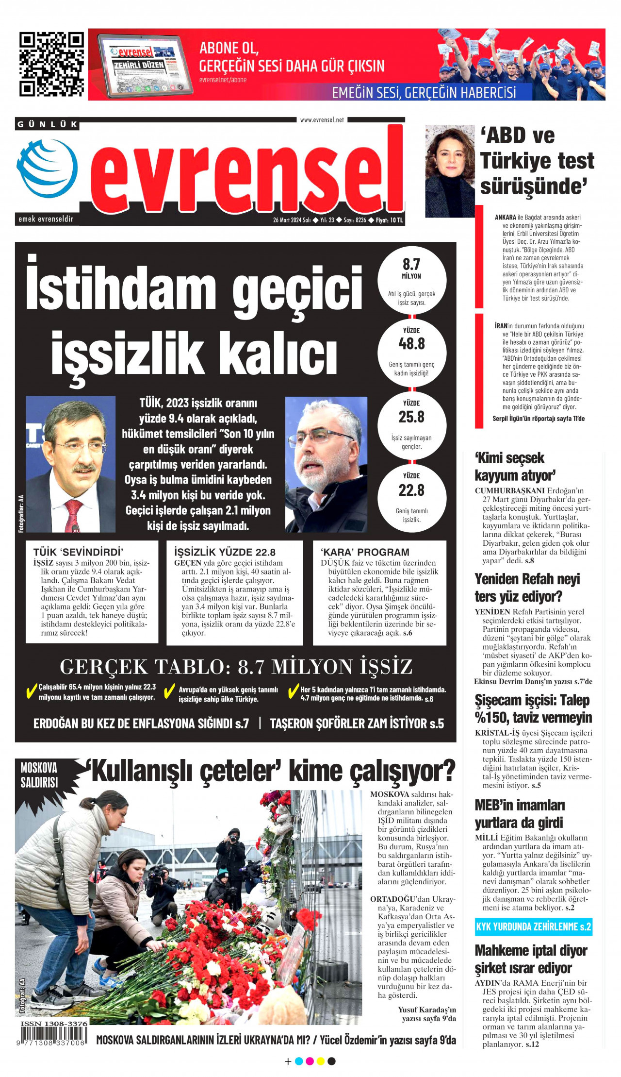 EVRENSEL gazetesinin 26 Mart 2024 tarihli birinci sayfası