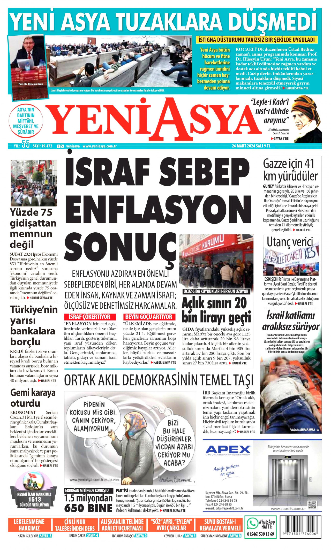 YENİ ASYA gazetesinin 26 Mart 2024 tarihli birinci sayfası