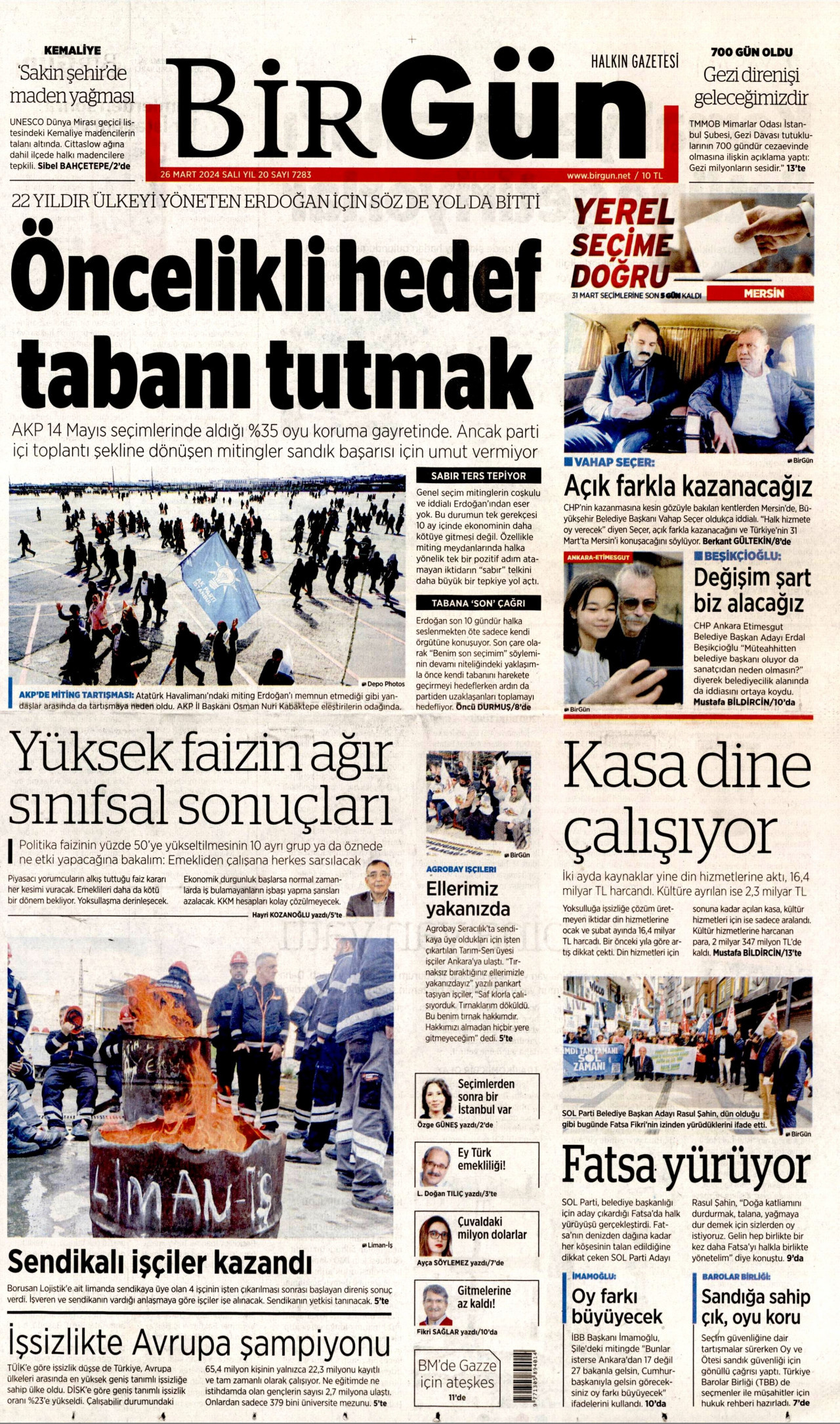 BİRGÜN gazetesinin 26 Mart 2024 tarihli birinci sayfası