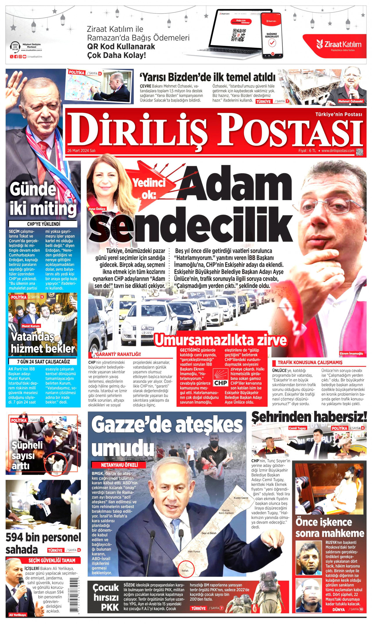 DİRİLİŞ POSTASI gazetesinin 26 Mart 2024 tarihli birinci sayfası