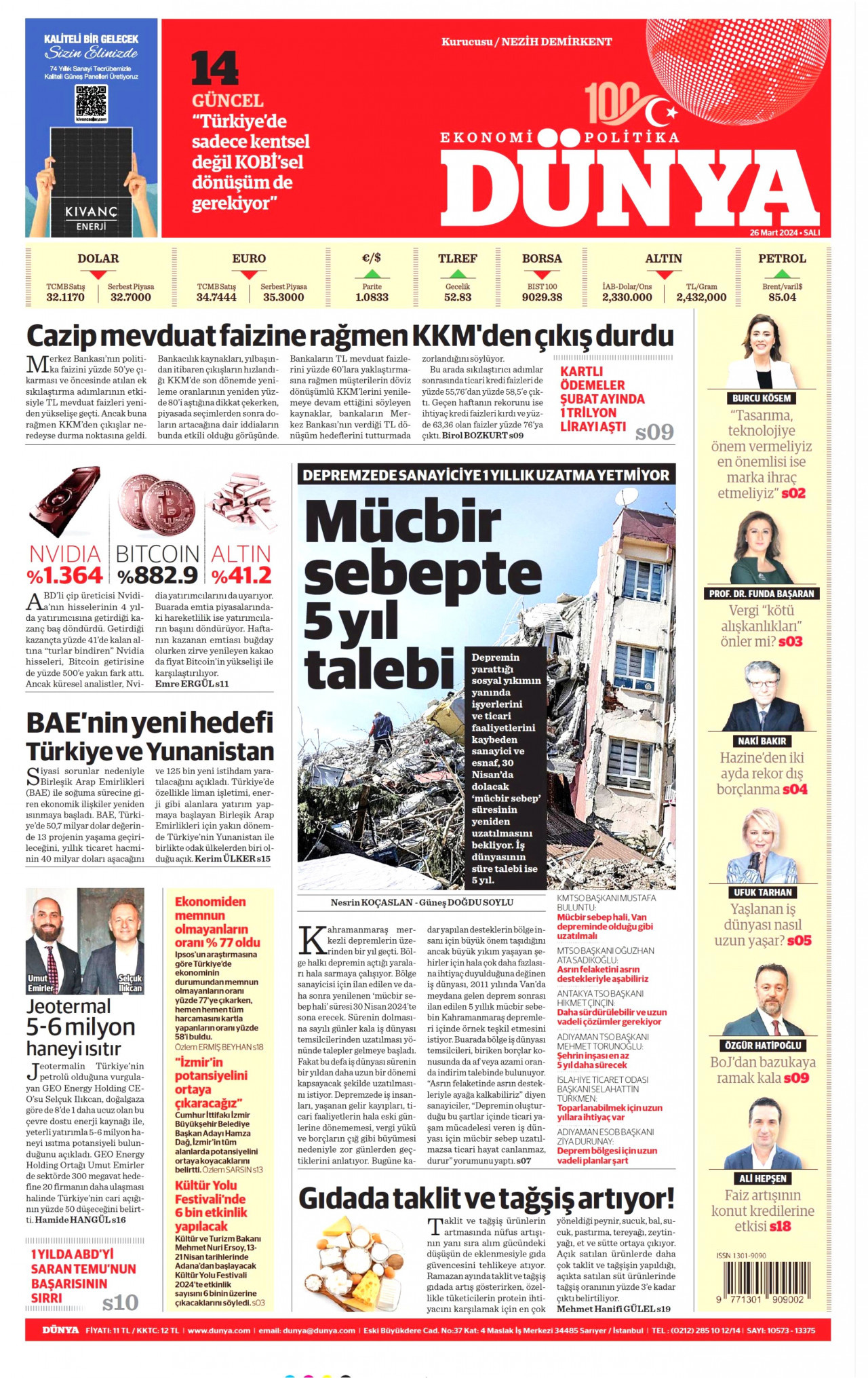 DÜNYA gazetesinin 26 Mart 2024 tarihli birinci sayfası