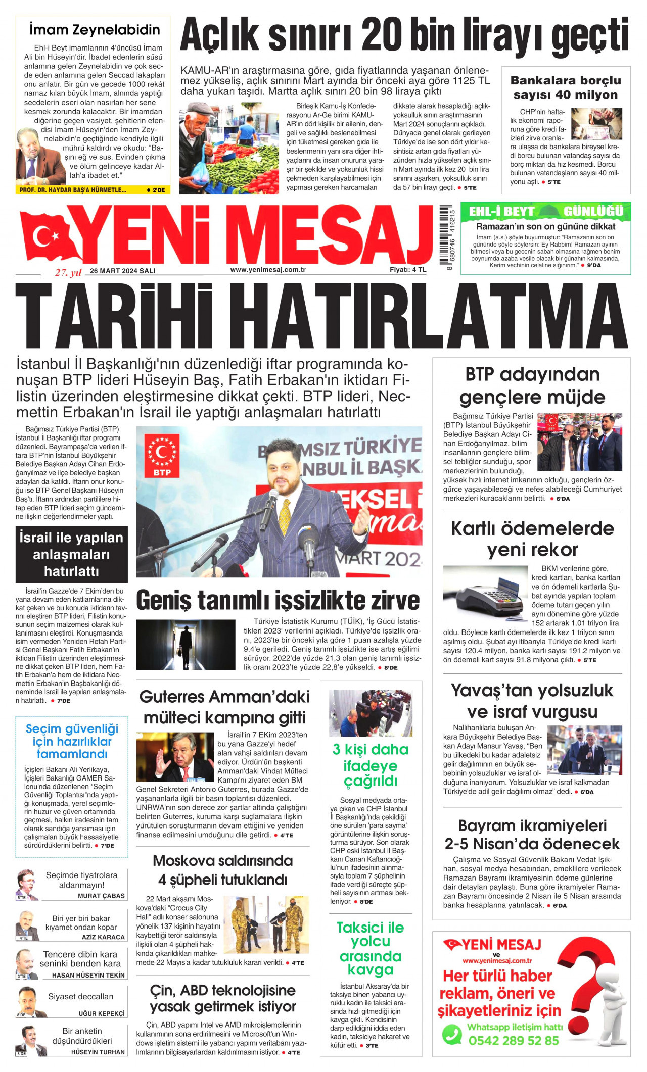 YENİ MESAJ gazetesinin 26 Mart 2024 tarihli birinci sayfası