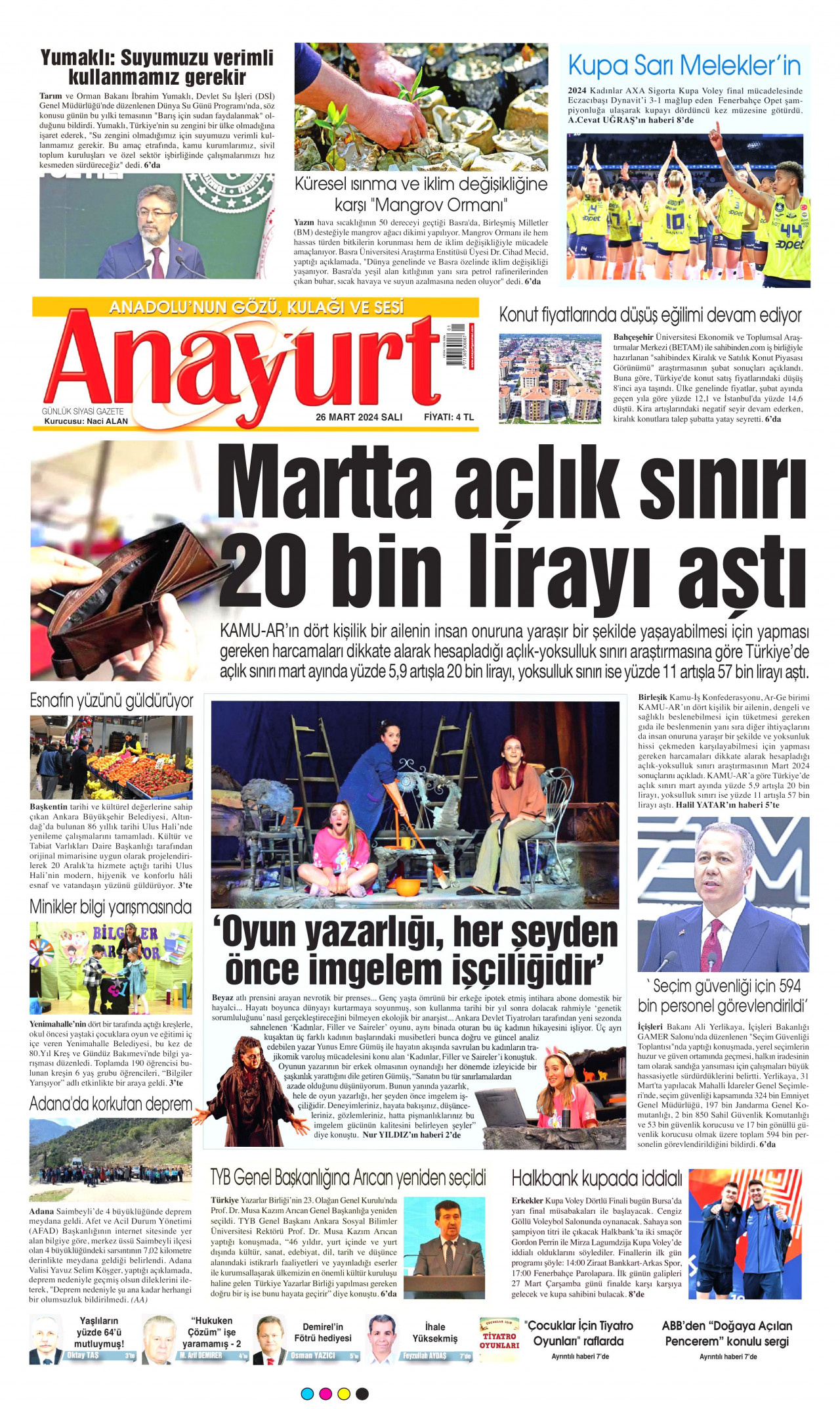 ANAYURT gazetesinin 26 Mart 2024 tarihli birinci sayfası