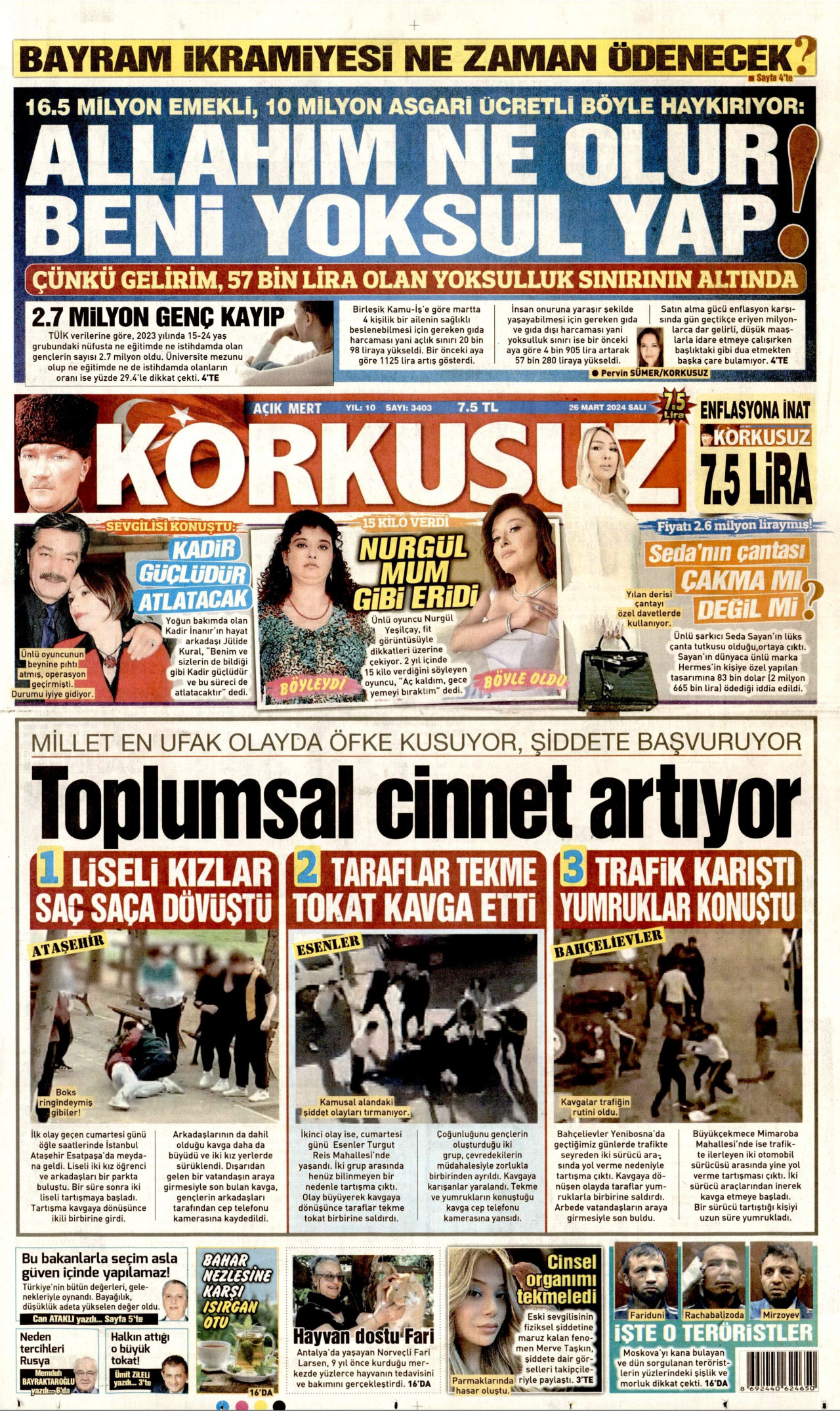 KORKUSUZ gazetesinin 26 Mart 2024 tarihli birinci sayfası