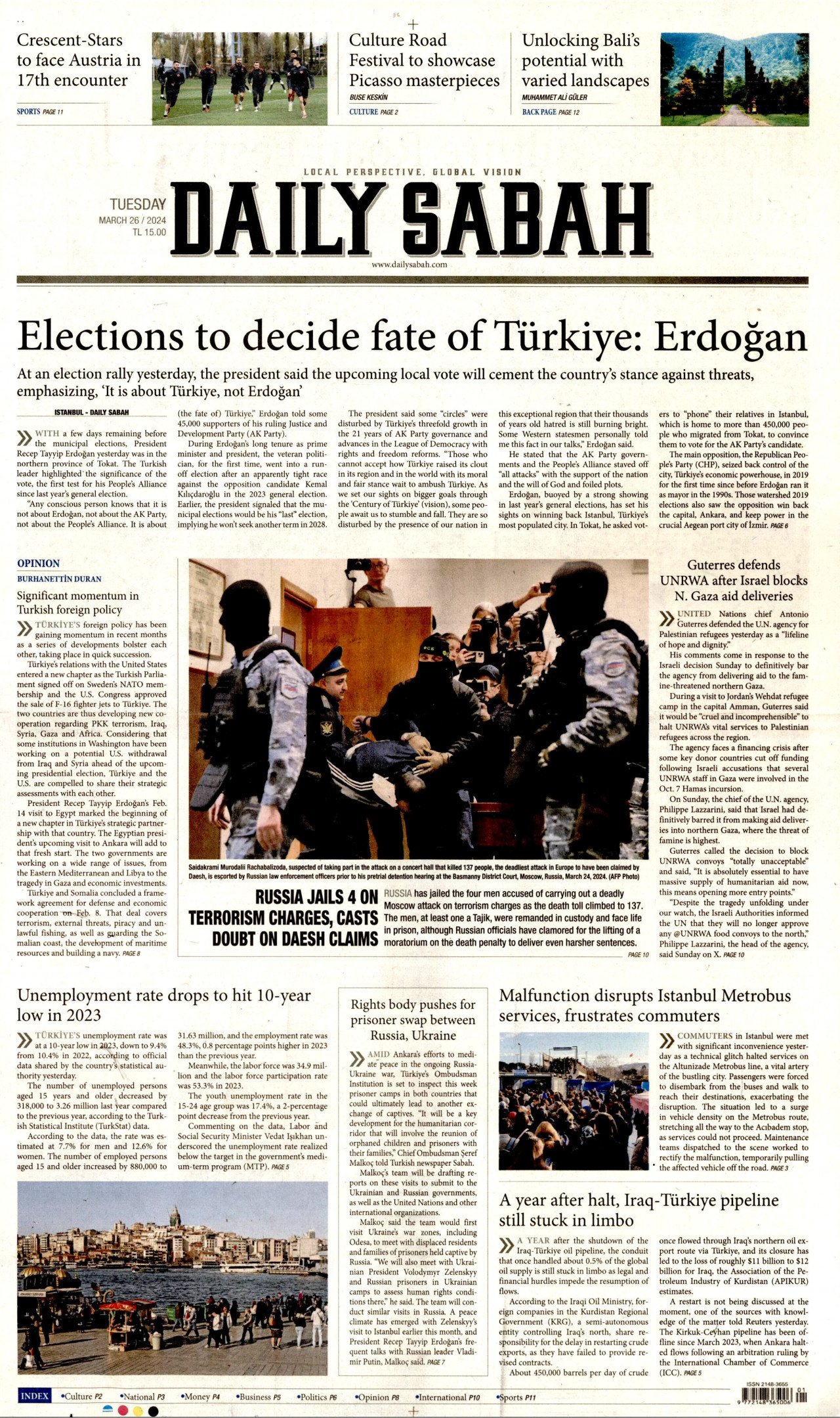DAİLY SABAH gazetesinin 26 Mart 2024 tarihli birinci sayfası