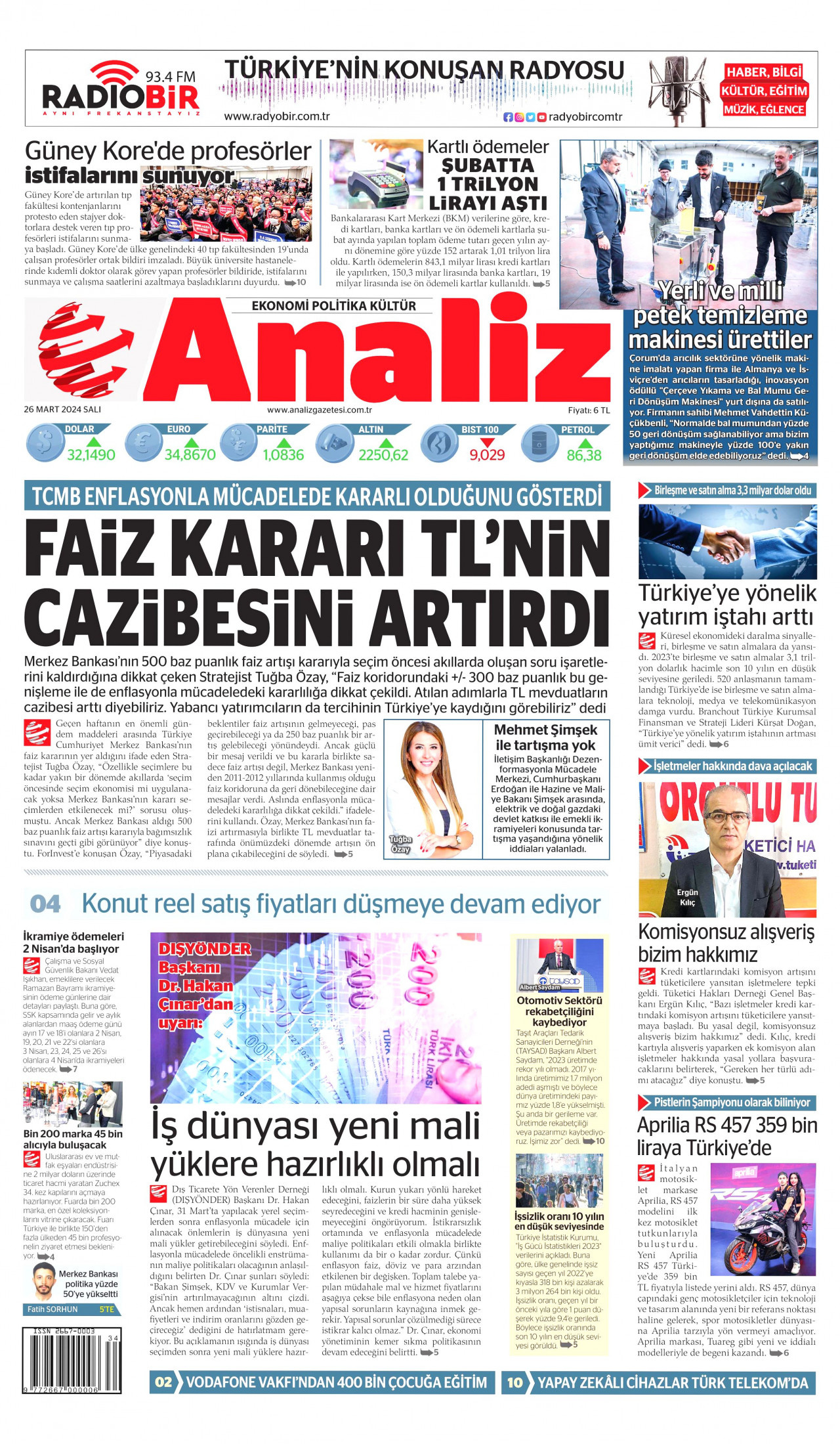 ANALİZ gazetesinin 26 Mart 2024 tarihli birinci sayfası