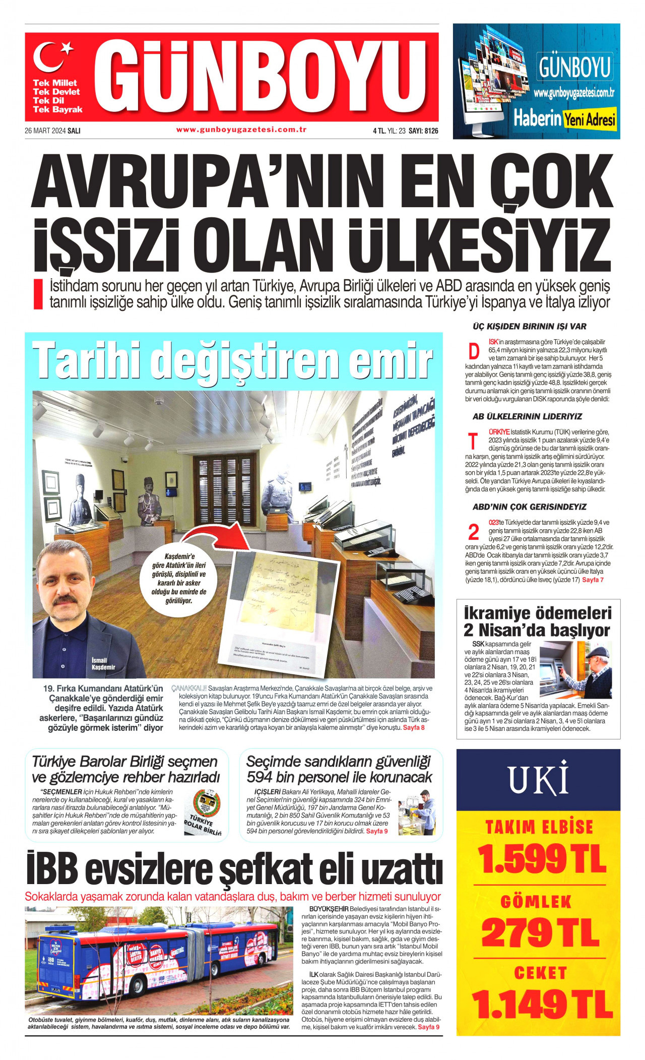 GÜNBOYU gazetesinin 26 Mart 2024 tarihli birinci sayfası