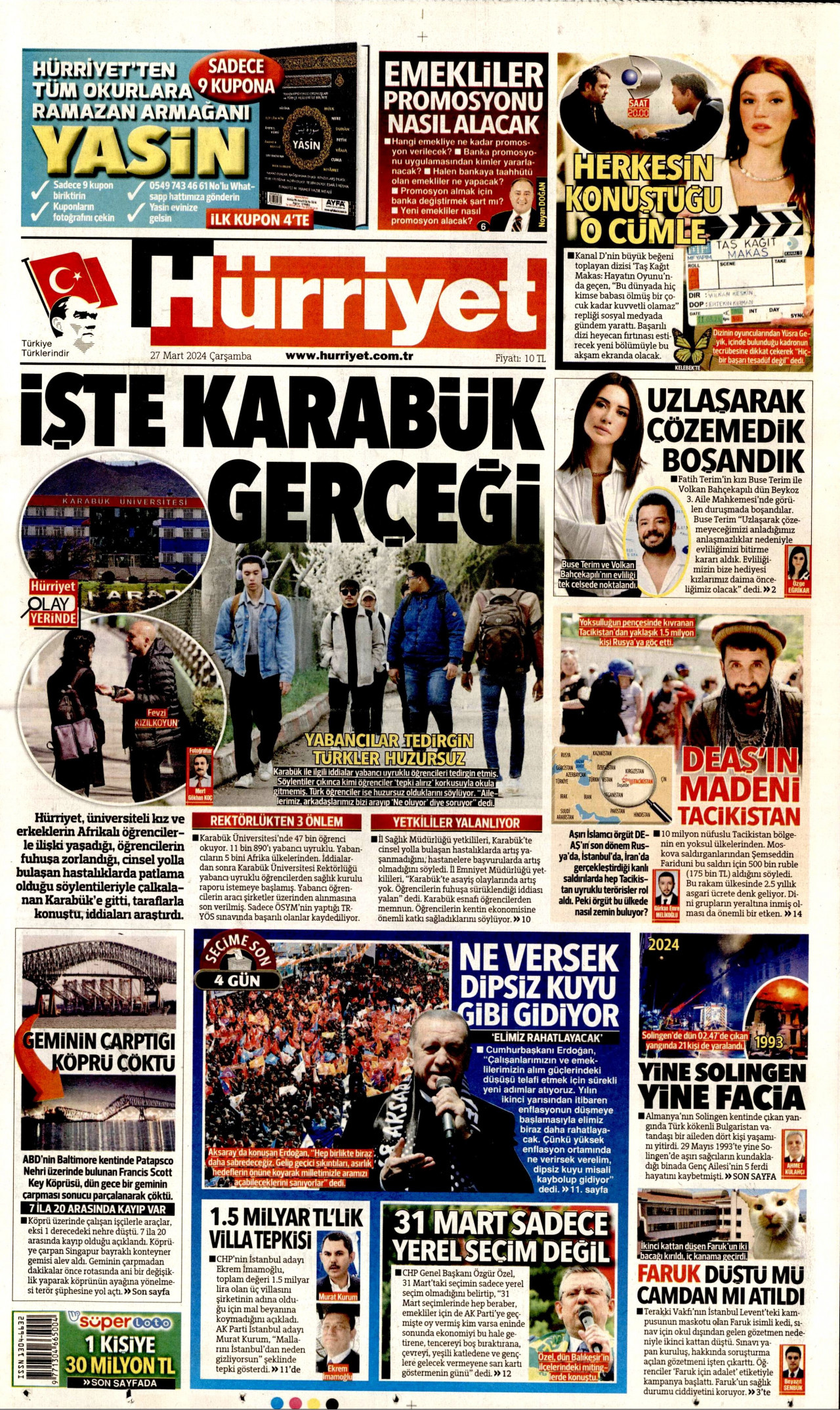 HÜRRİYET gazetesinin 27 Mart 2024 tarihli birinci sayfası