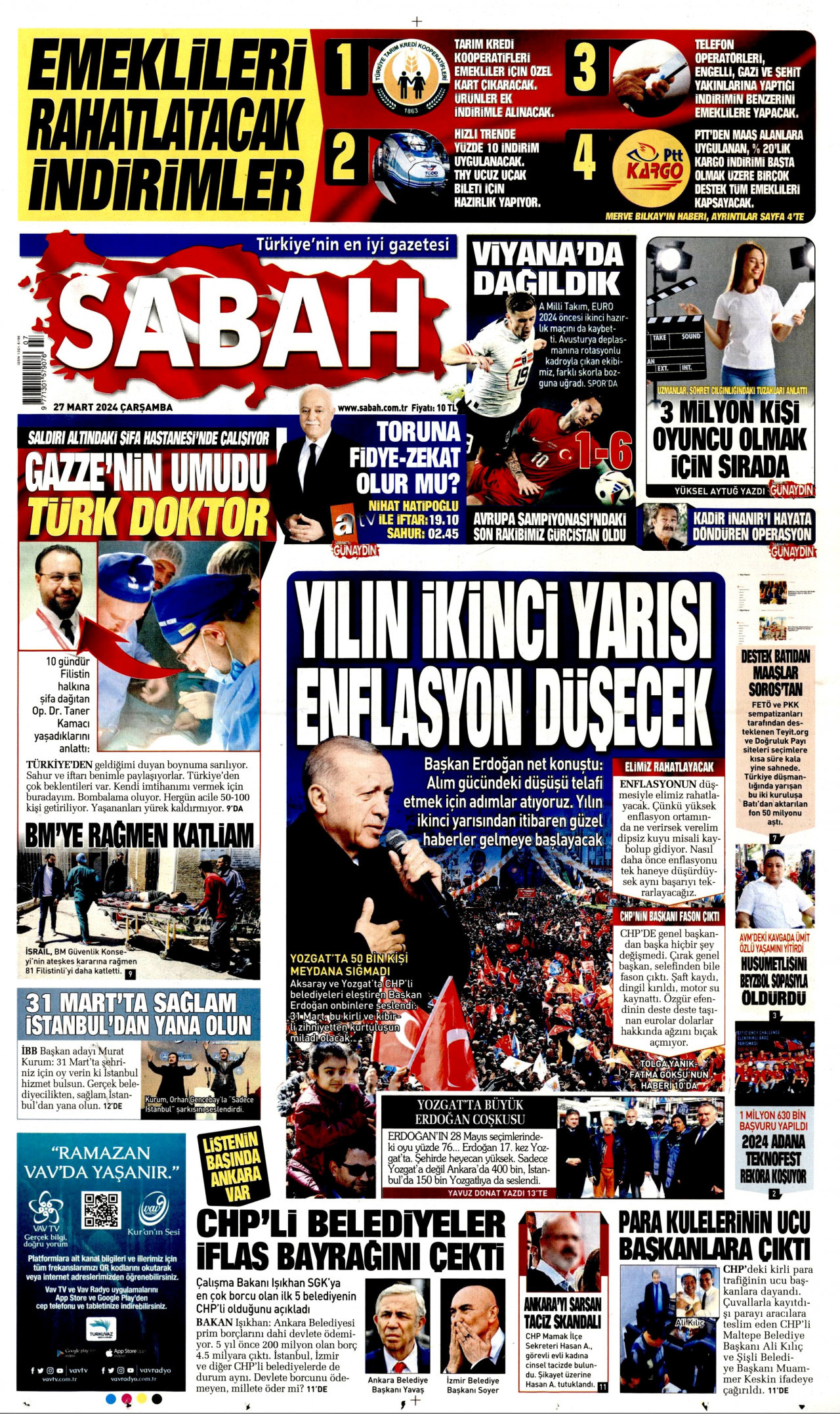 SABAH gazetesinin 27 Mart 2024 tarihli birinci sayfası