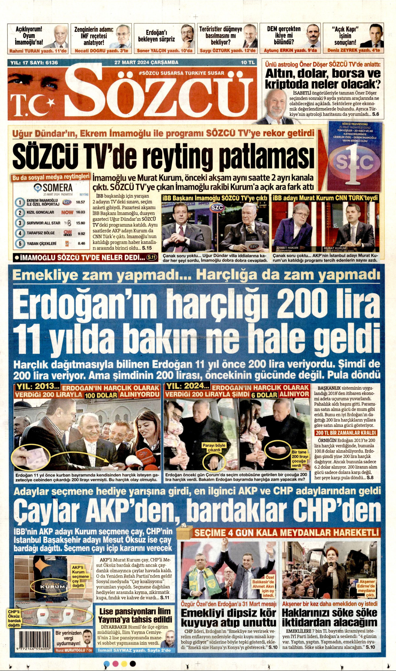 SÖZCÜ gazetesinin 27 Mart 2024 tarihli birinci sayfası