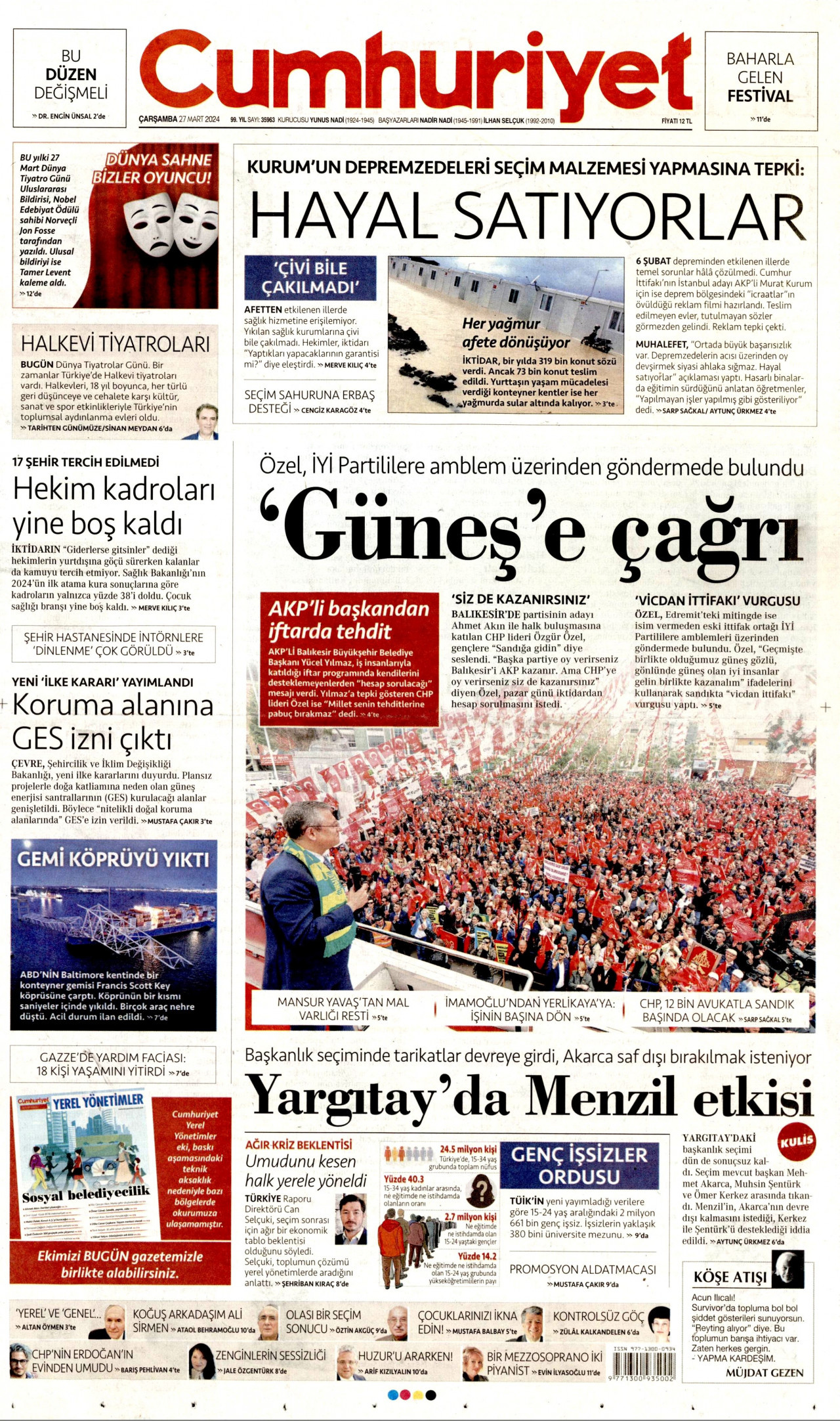 CUMHURİYET gazetesinin 27 Mart 2024 tarihli birinci sayfası