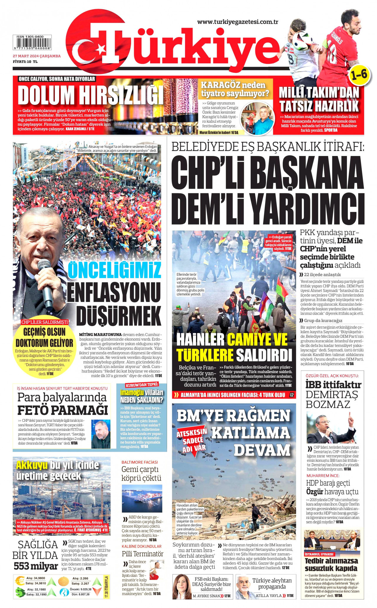 TÜRKİYE GAZETESİ gazetesinin 27 Mart 2024 tarihli birinci sayfası