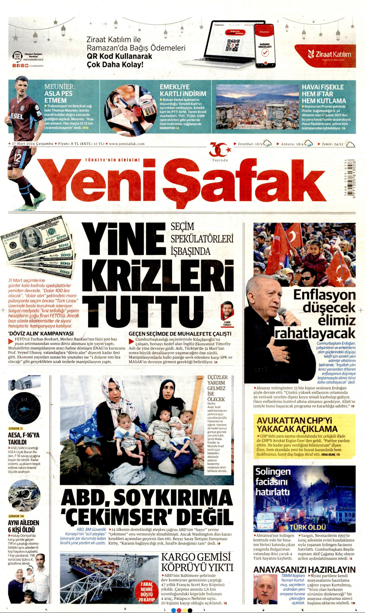 YENİ ŞAFAK gazetesinin 27 Mart 2024 tarihli birinci sayfası